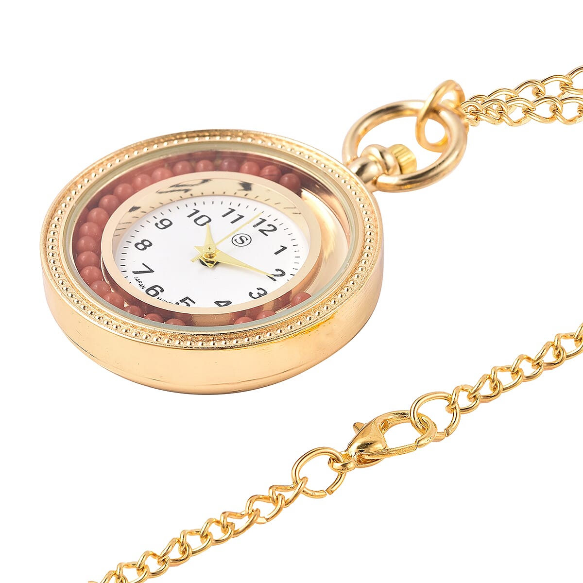 STRADA Japanese Movement Pocket Watch with Chain (Size 30) and Moving Red Agate Beads Around the Dial in Yellow Gold Tone