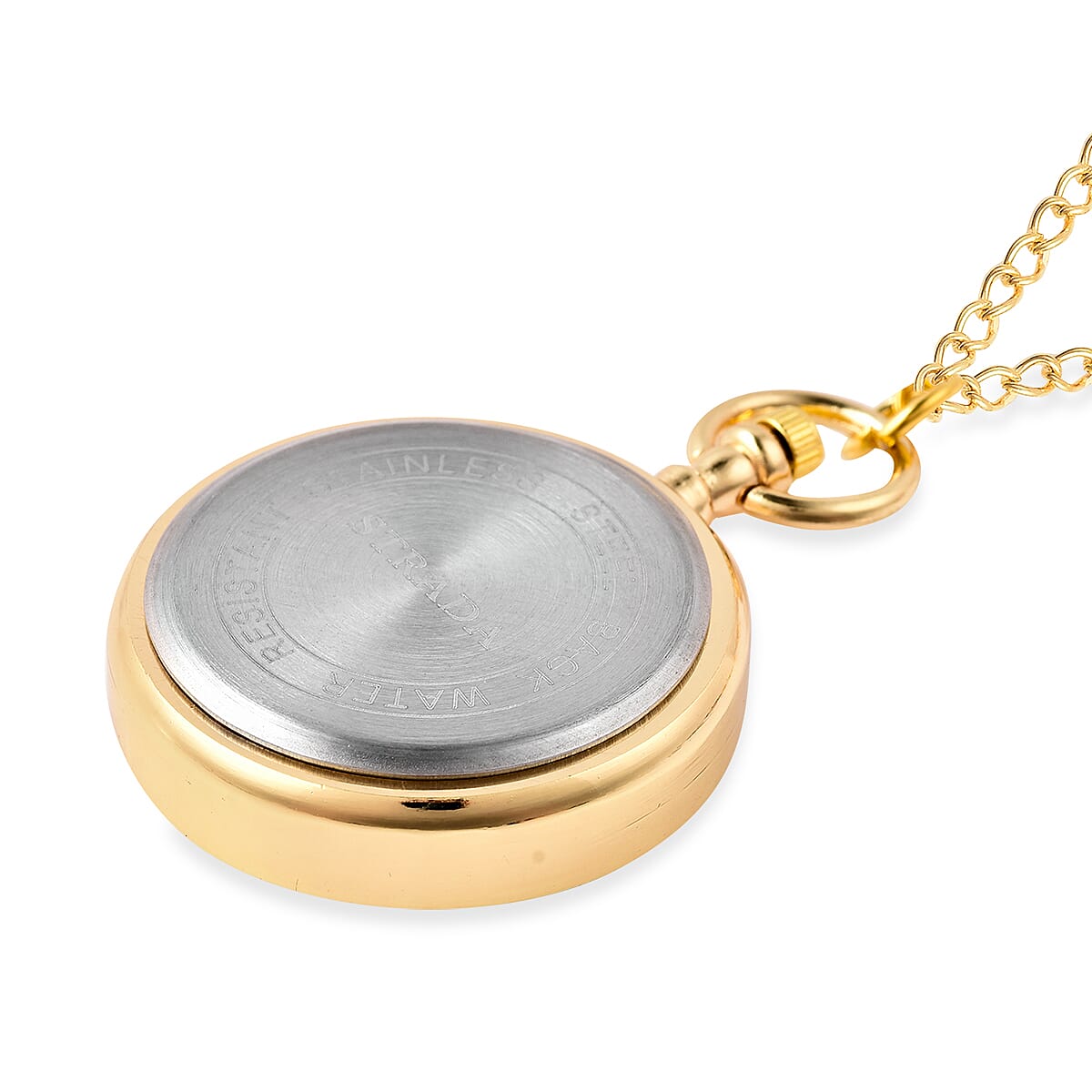 STRADA Japanese Movement Pocket Watch with Chain (Size 30) and Moving Red Agate Beads Around the Dial in Yellow Gold Tone