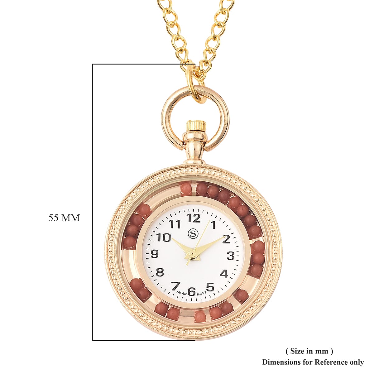 STRADA Japanese Movement Pocket Watch with Chain (Size 30) and Moving Red Agate Beads Around the Dial in Yellow Gold Tone