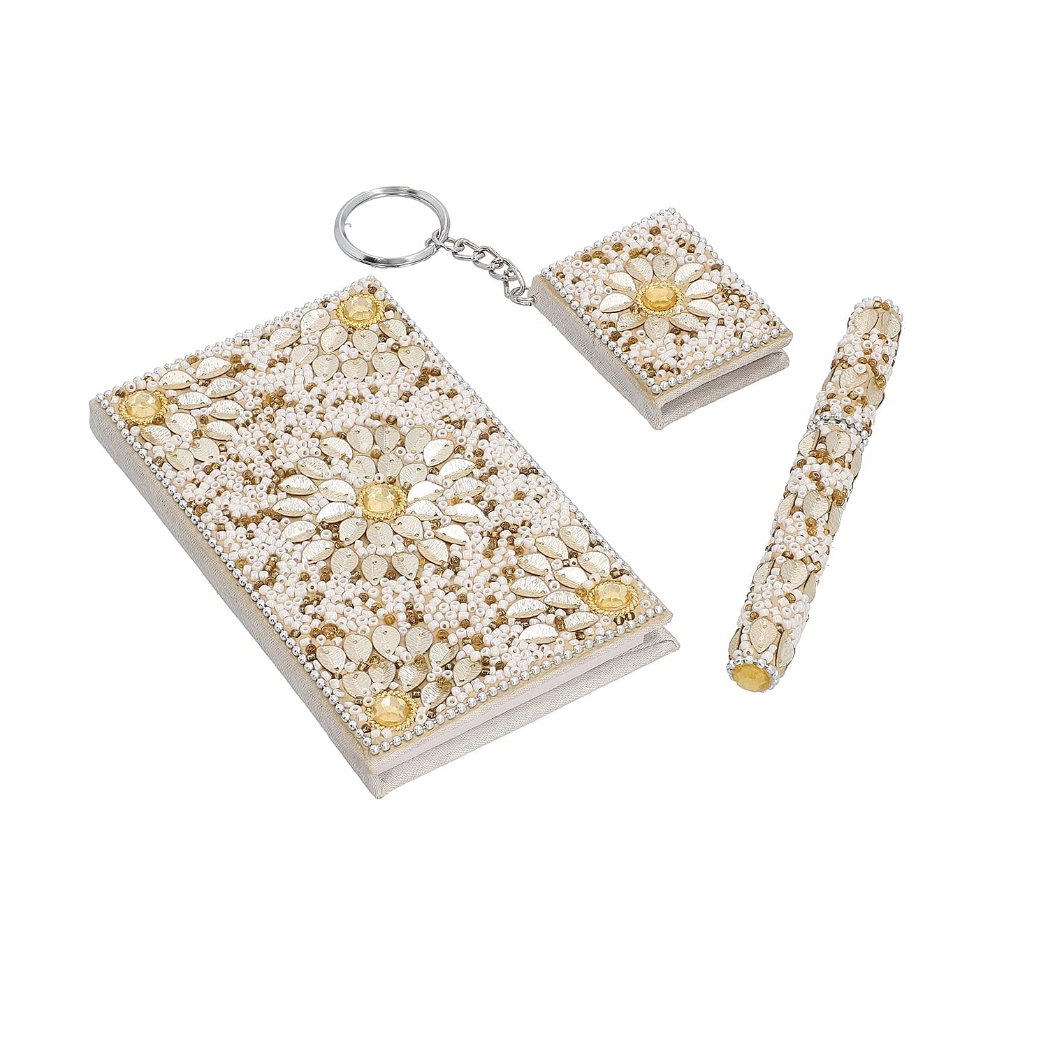 3 Piece Set - White Bead Decorated Diary, Key Chain and Pen