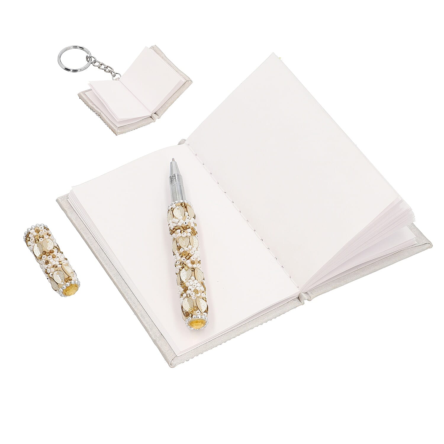 3 Piece Set - White Bead Decorated Diary, Key Chain and Pen