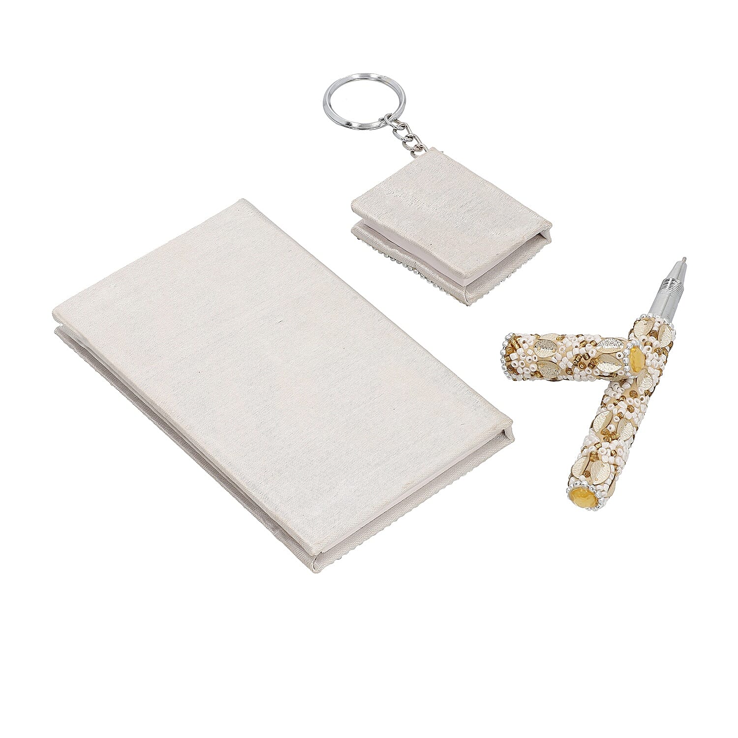 3 Piece Set - White Bead Decorated Diary, Key Chain and Pen