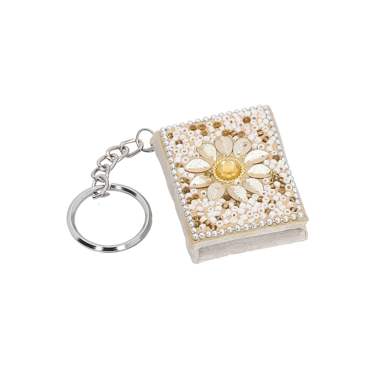 3 Piece Set - White Bead Decorated Diary, Key Chain and Pen