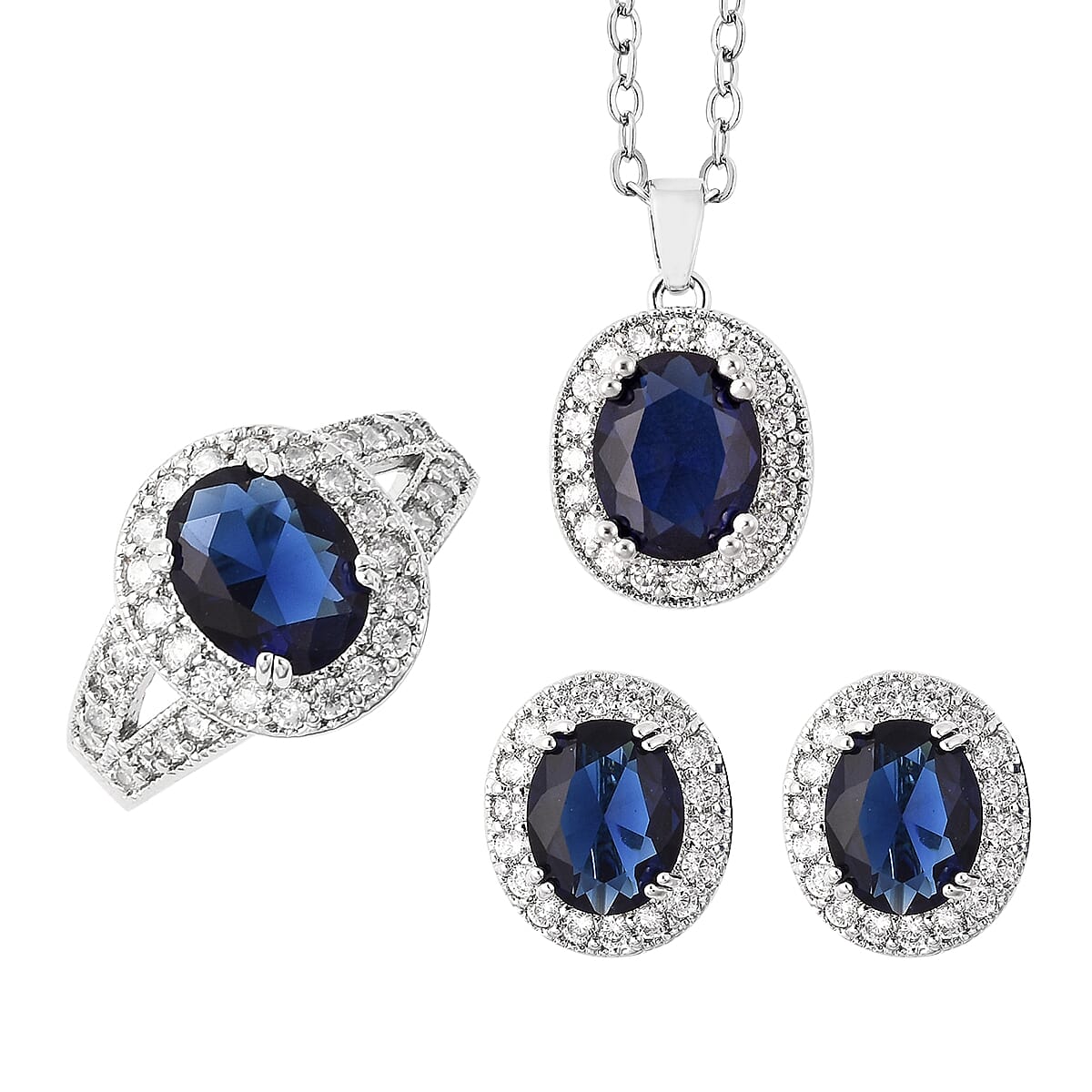 3 Piece Set- Simulated Tanzanite and Simulated White Diamond Ring, Earrings (with Clasp) and Pendant With Chain (Size 18 with 3 inch Extender) in Silver Tone