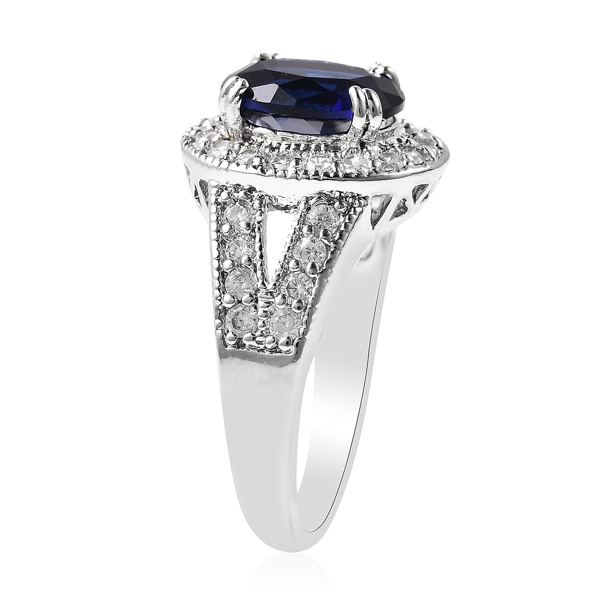 3 Piece Set- Simulated Tanzanite and Simulated White Diamond Ring, Earrings (with Clasp) and Pendant With Chain (Size 18 with 3 inch Extender) in Silver Tone