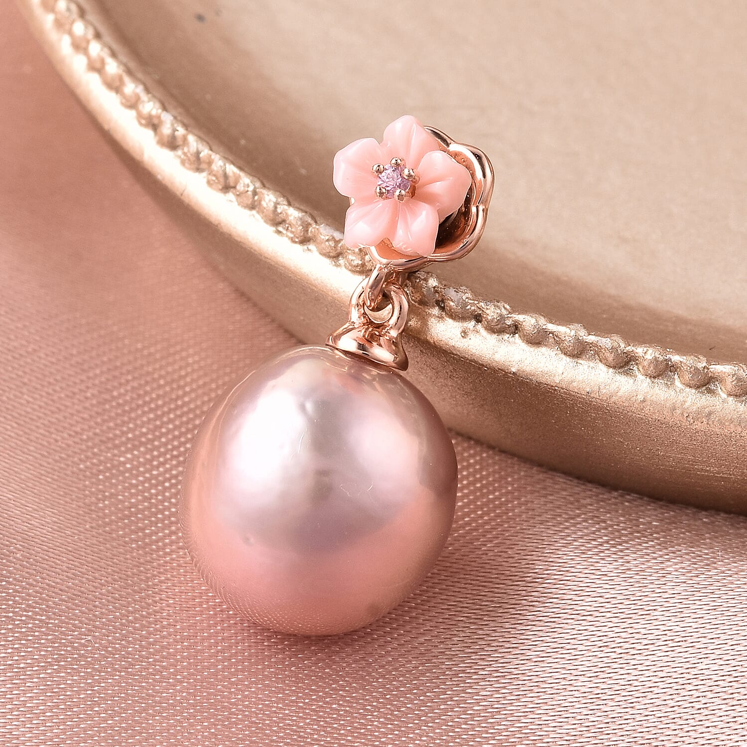 Purple Edison Pearl, Pink Mother of Pearl and Madagascar Pink Sapphire Pendant in Rose Gold Overlay Sterling Silver