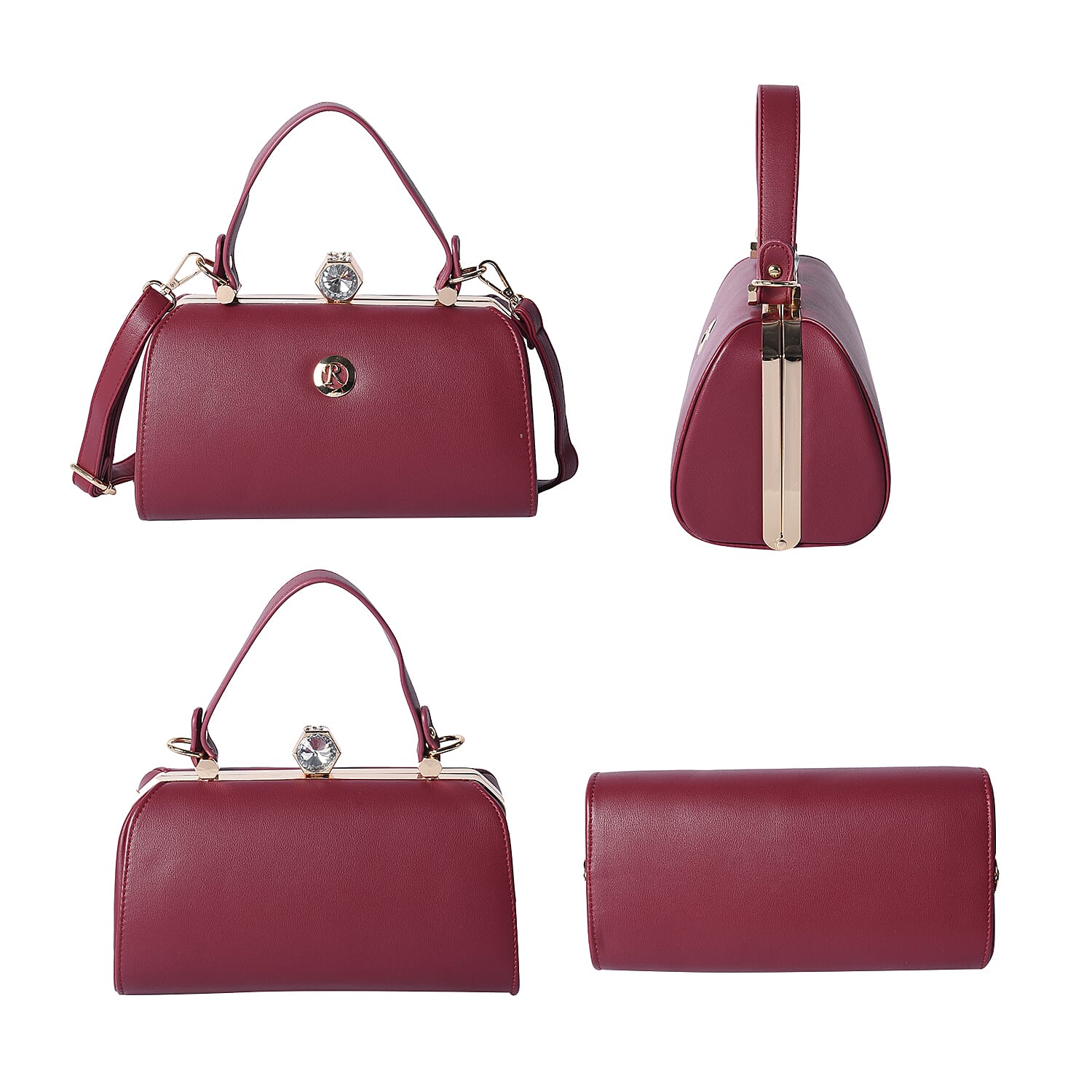 BOUTIQUE COLLECTION Wine Red Colour Clutch Bag with Detachable and Adjustable Shoulder Strap with Crystal Studded Top Knob (Size 26x13x14 Cm)