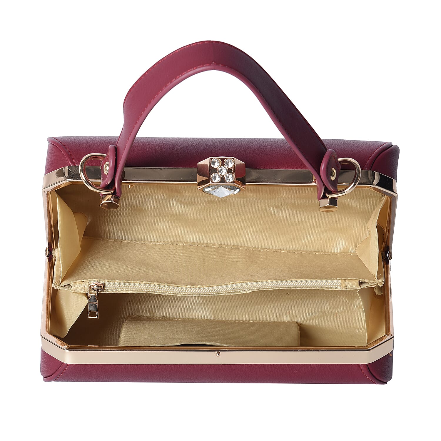 BOUTIQUE COLLECTION Wine Red Colour Clutch Bag with Detachable and Adjustable Shoulder Strap with Crystal Studded Top Knob (Size 26x13x14 Cm)