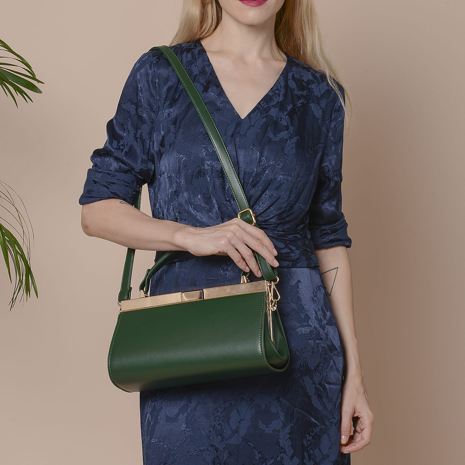 BOUTIQUE COLLECTION Dark Green Clutch Bag with Detachable Shoulder Strap and Top Handle (Size 26x13x16 Cm)