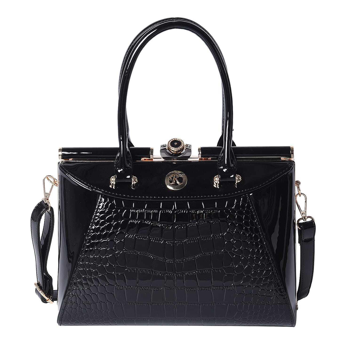 BOUTIQUE COLLECTION Croc Pattern Satchel Bag with Detachable and Adjustable Shoulder Strap (Size 30x13x22 Cm) - Black