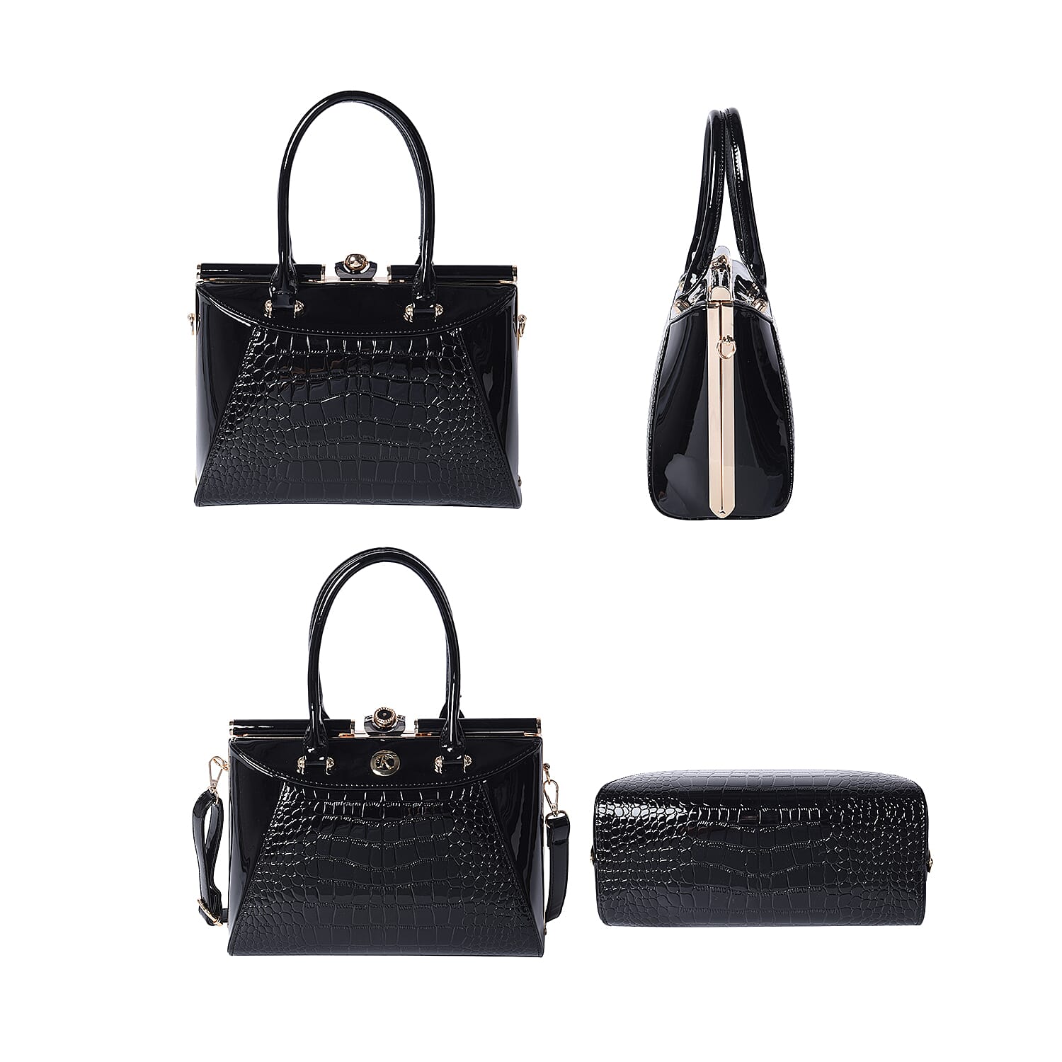 BOUTIQUE COLLECTION Croc Pattern Satchel Bag with Detachable and Adjustable Shoulder Strap (Size 30x13x22 Cm) - Black