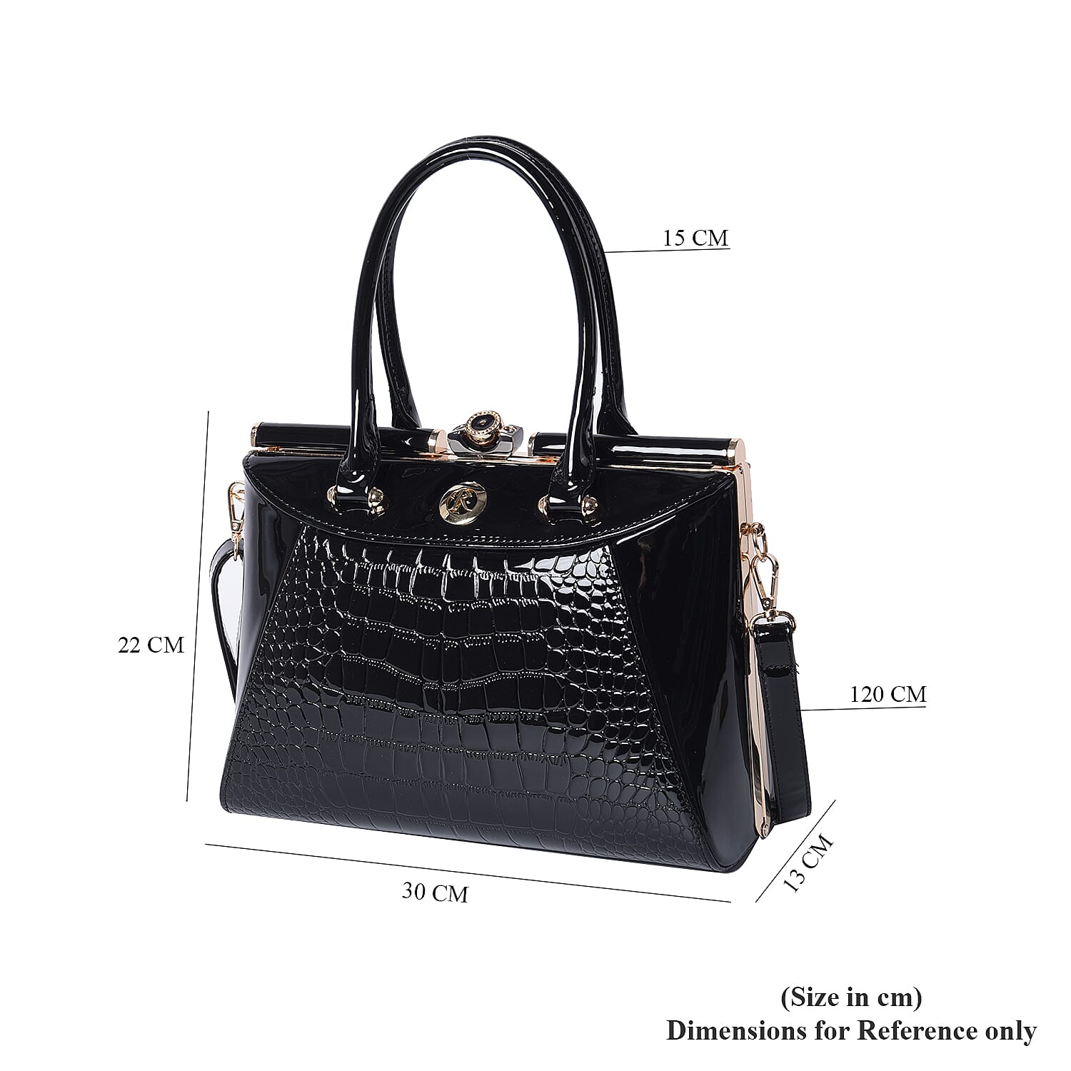 BOUTIQUE COLLECTION Croc Pattern Satchel Bag with Detachable and Adjustable Shoulder Strap (Size 30x13x22 Cm) - Black