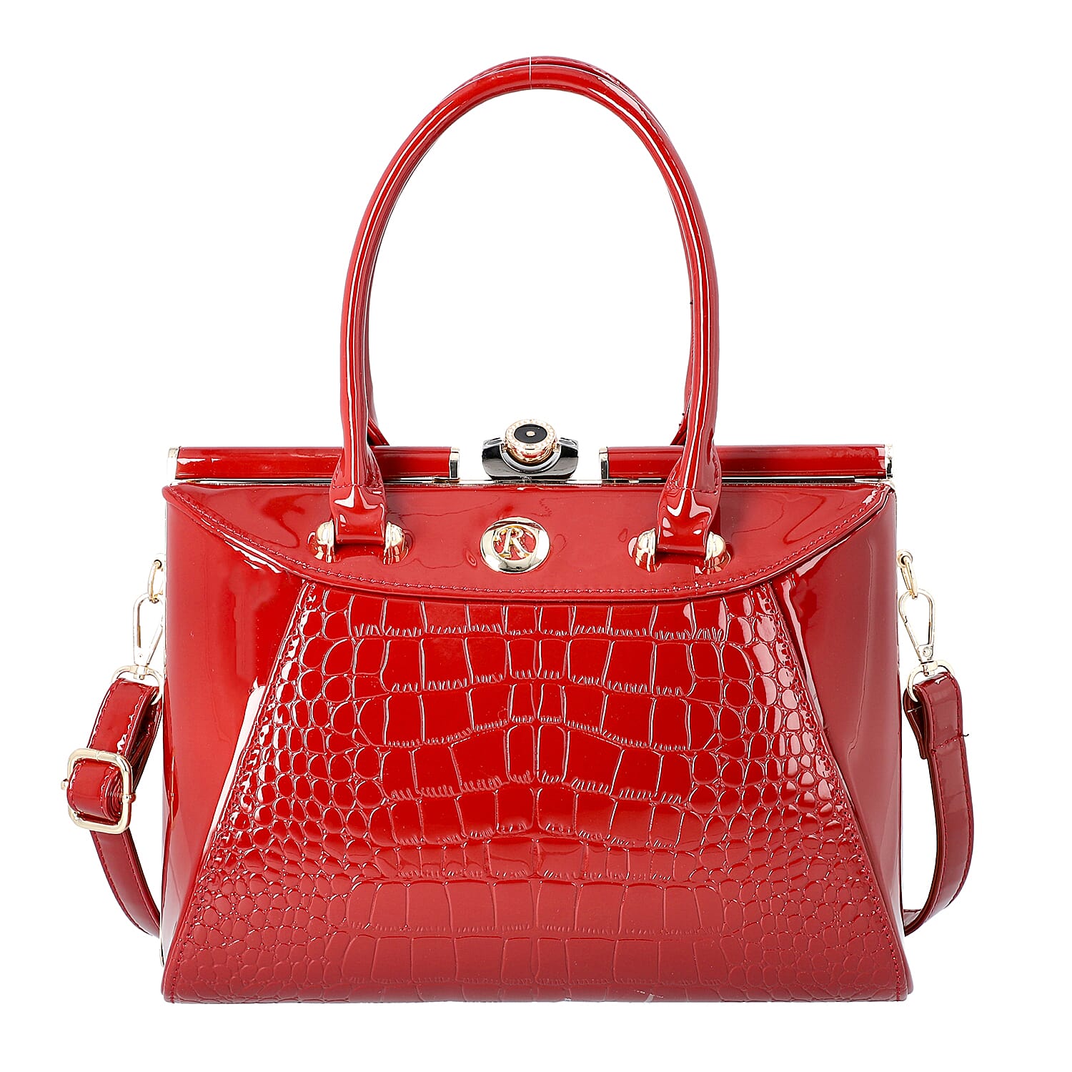 BOUTIQUE COLLECTION Croc Pattern Satchel Bag with Detachable and Adjustable Shoulder Strap (Size 30x13x22 Cm) - Wine Red