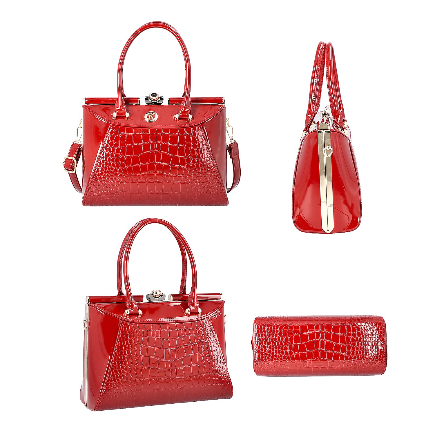 BOUTIQUE COLLECTION Croc Pattern Satchel Bag with Detachable and Adjustable Shoulder Strap (Size 30x13x22 Cm) - Wine Red