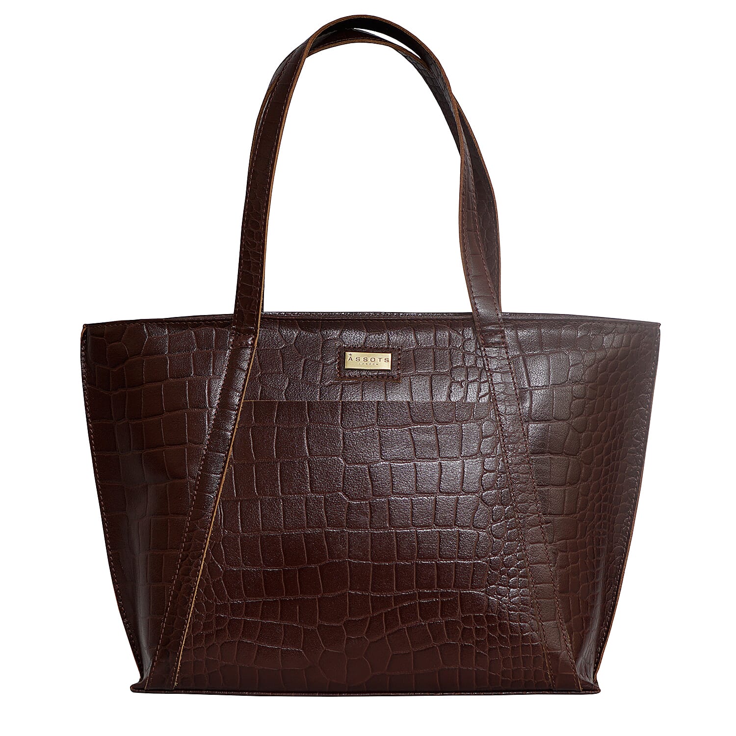 Assots London AGNES Croc Embossed Genuine Leather Tote Bag with Zipper Closure (Size 33x11x26) - Brown