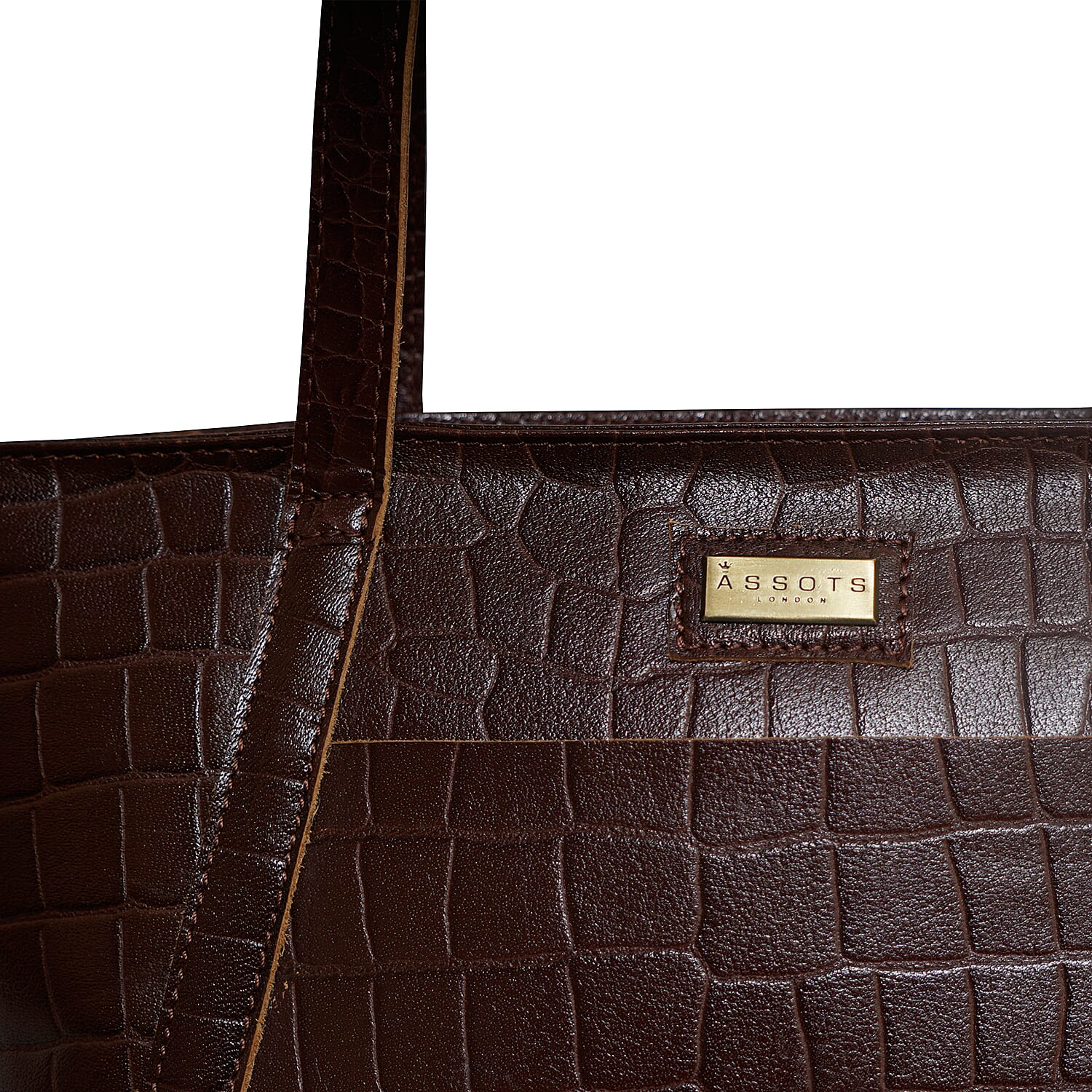 Assots London AGNES Croc Embossed Genuine Leather Tote Bag with Zipper Closure (Size 33x11x26) - Brown
