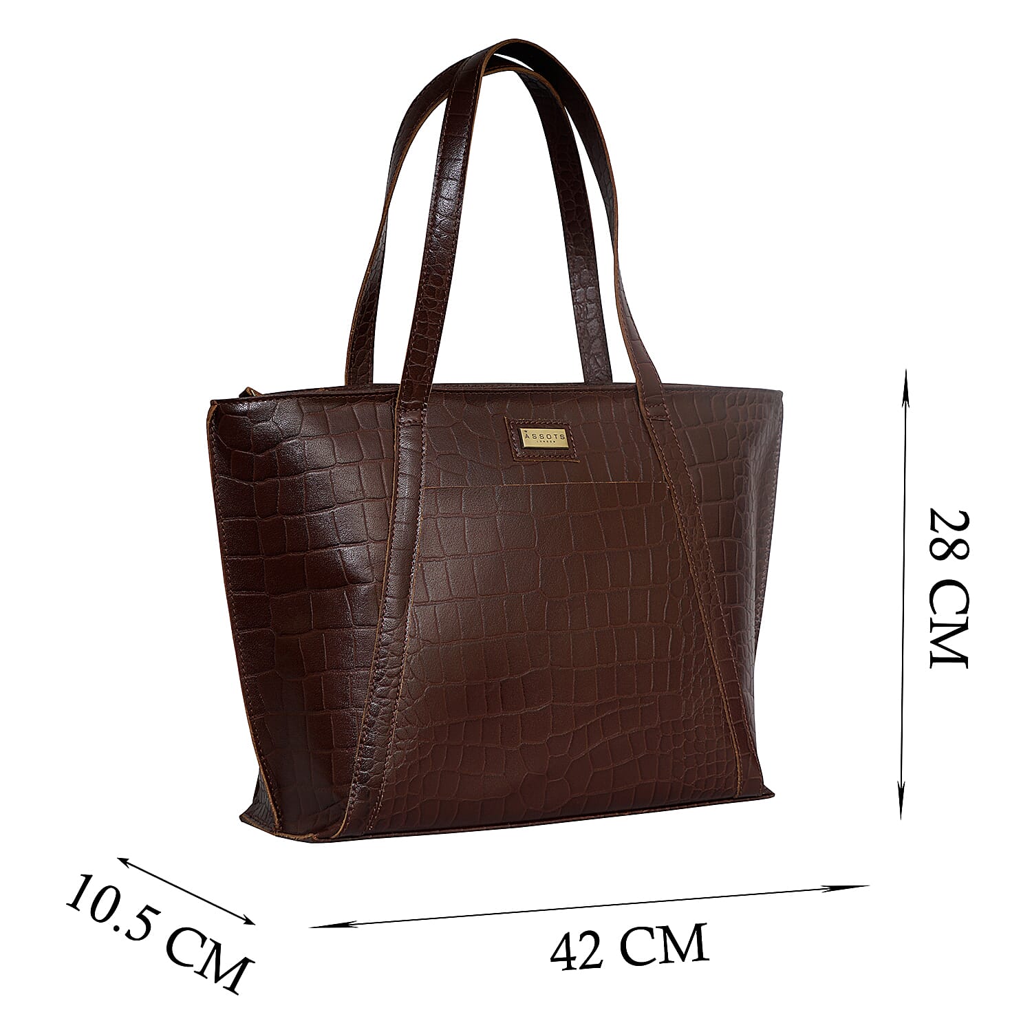 Assots London AGNES Croc Embossed Genuine Leather Tote Bag with Zipper Closure (Size 33x11x26) - Brown
