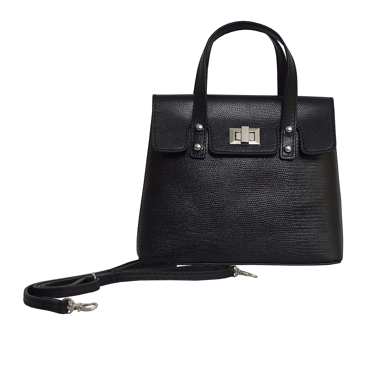 Assots London BENTLEY Lizard Designer Genuine Leather Grab Bag with Detachable and Adjustable Shoulder Strap (Size 25x5x18 Cm) - Black