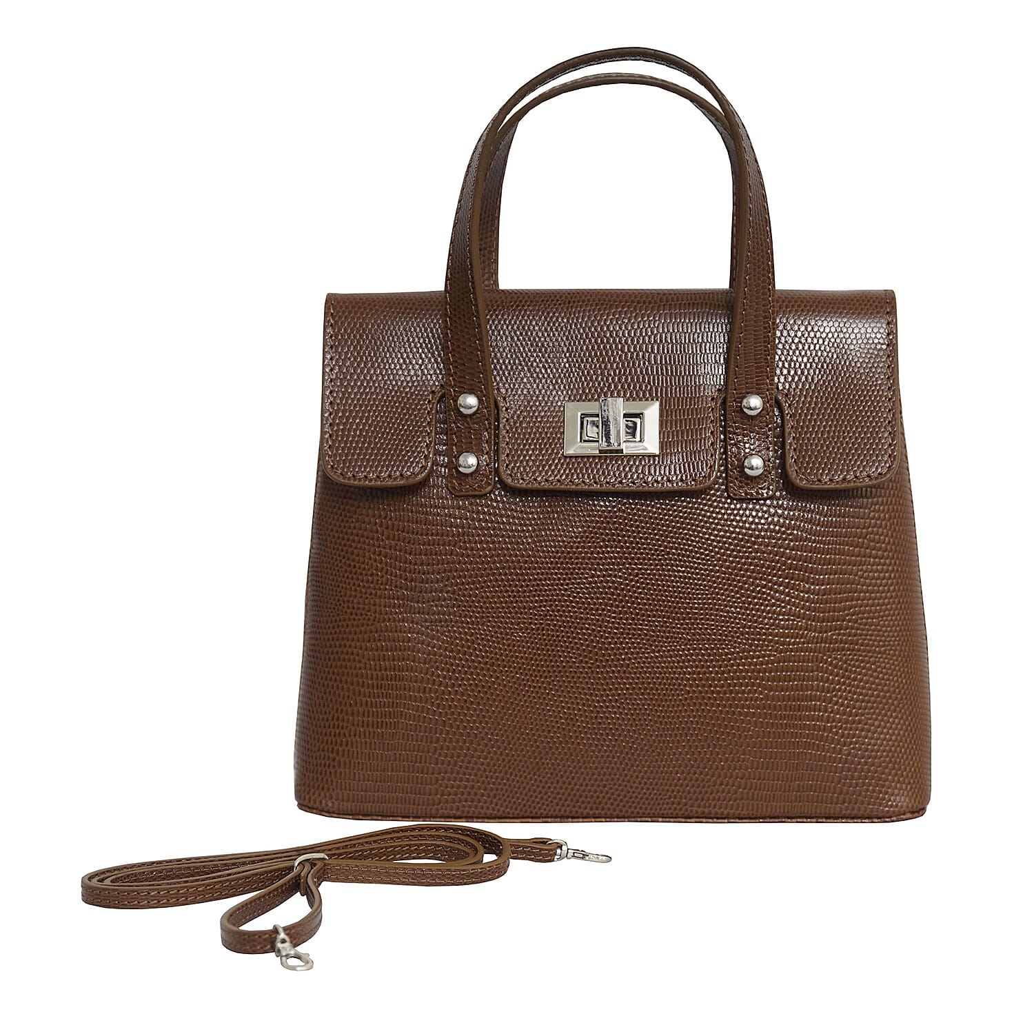 Assots London BENTLEY Lizard Designer Genuine Leather Grab Bag with Detachable and Adjustable Shoulder Strap (Size 25x5x18 Cm) - Tan