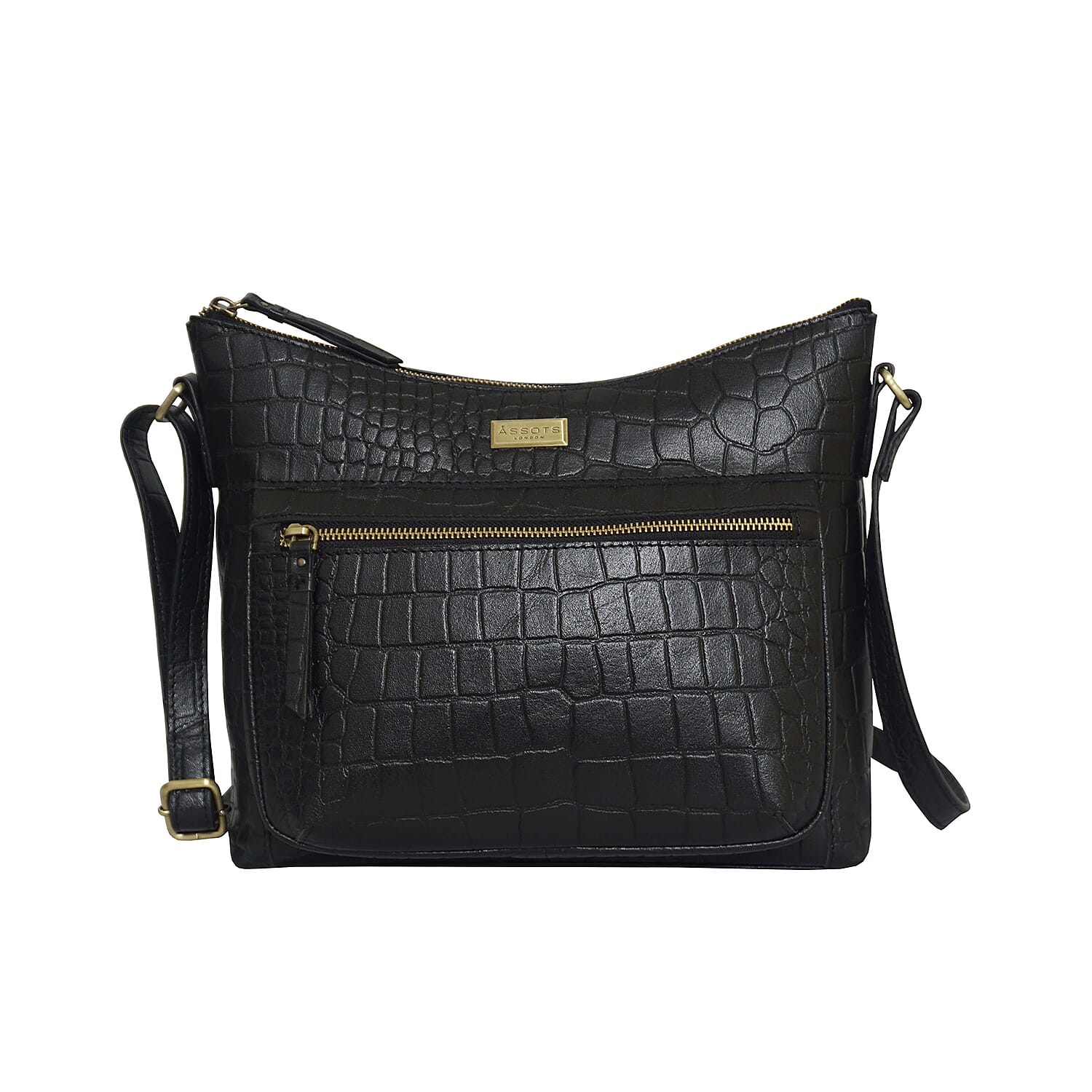 Assots London OLGA Croc Embossed Genuine Leather Crossbody Bag with Zipper Closure and Adjustable Strap (Size 30x9.5x26 Cm) - Black