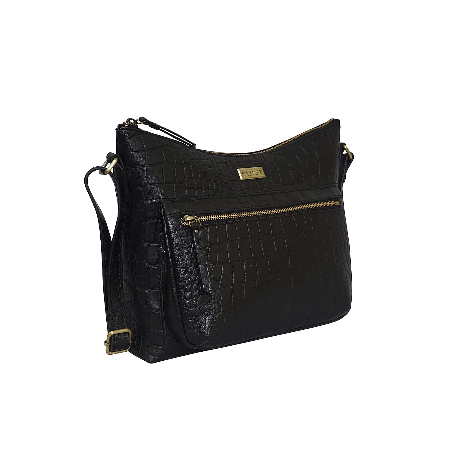 Assots London OLGA Croc Embossed Genuine Leather Crossbody Bag with Zipper Closure and Adjustable Strap (Size 30x9.5x26 Cm) - Black