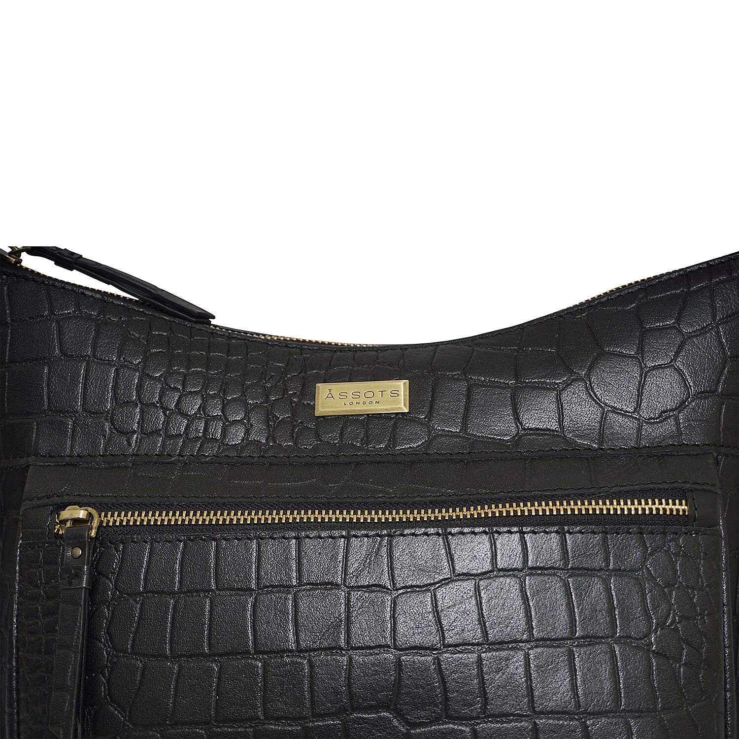 Assots London OLGA Croc Embossed Genuine Leather Crossbody Bag with Zipper Closure and Adjustable Strap (Size 30x9.5x26 Cm) - Black