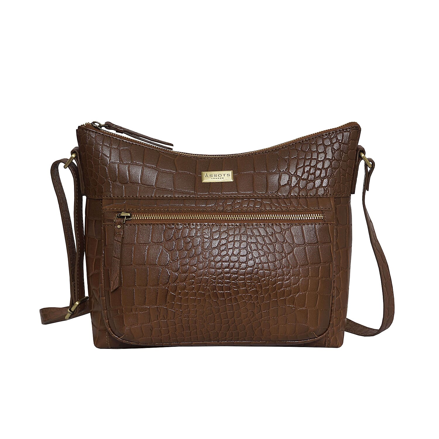 Assots London OLGA Croc Embossed Genuine Leather Crossbody Bag with Zipper Closure and Adjustable Strap (Size 30x9.5x26 Cm) - Tan