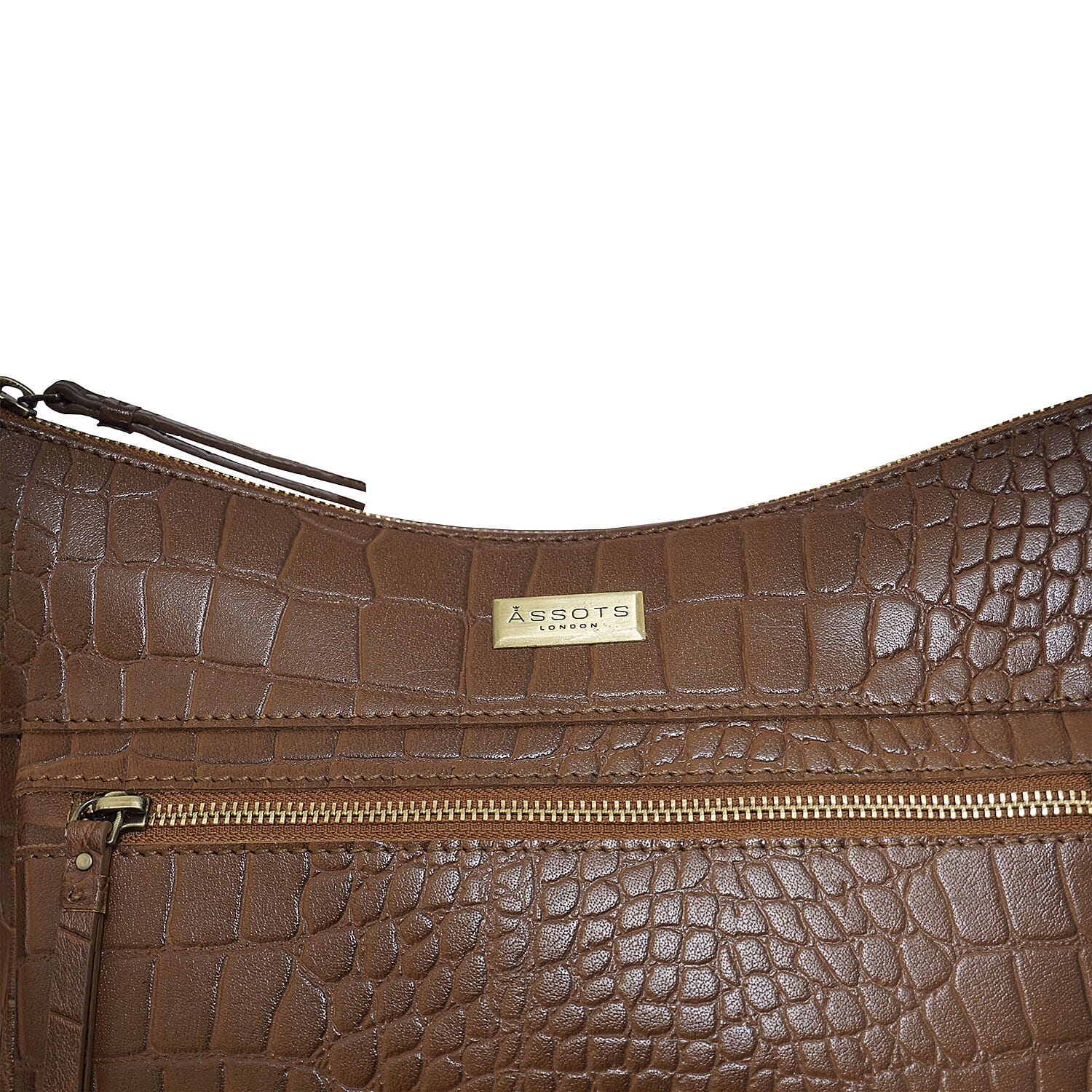 Assots London OLGA Croc Embossed Genuine Leather Crossbody Bag with Zipper Closure and Adjustable Strap (Size 30x9.5x26 Cm) - Tan