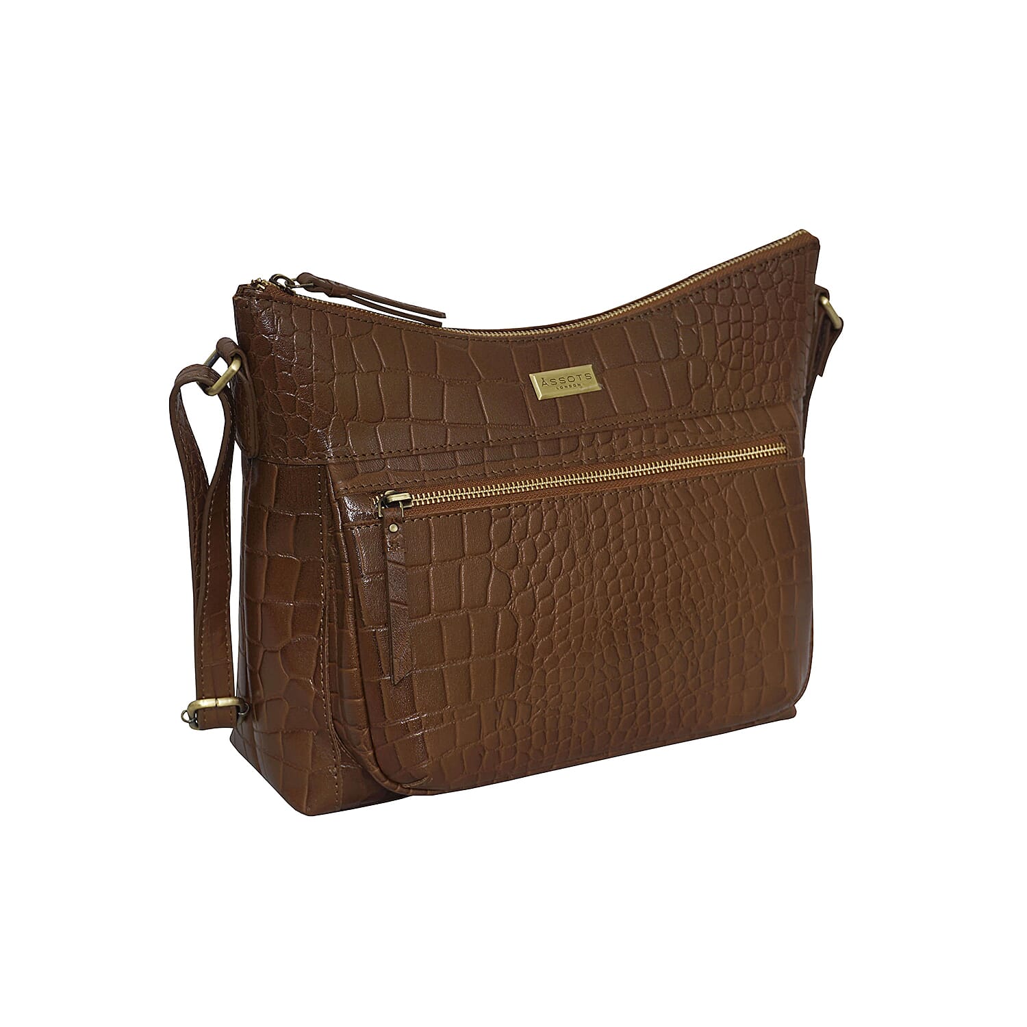 Assots London OLGA Croc Embossed Genuine Leather Crossbody Bag with Zipper Closure and Adjustable Strap (Size 30x9.5x26 Cm) - Tan