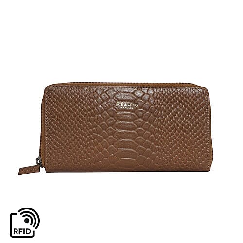 Assots London HAZEL Python Embossed Genuine Leather RFID Zip Around Purse (Size 20x2x10 Cm) - Black