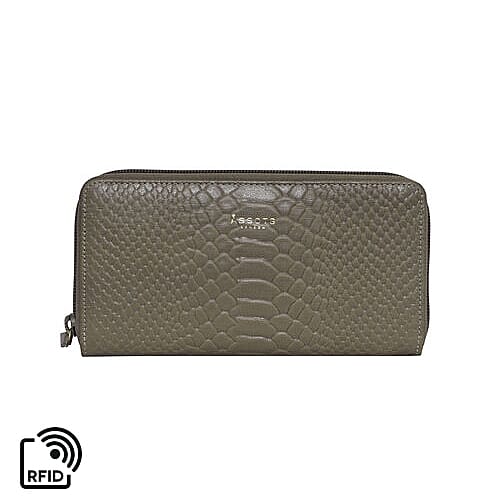 Assots London HAZEL Python Embossed Genuine Leather RFID Zip Around Purse (Size 20x2x10 Cm) - Olive Green