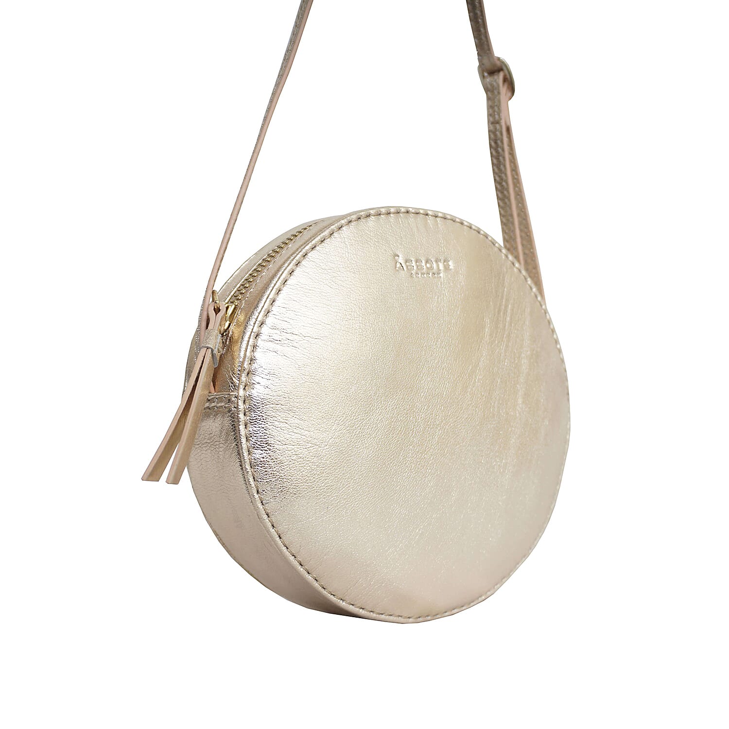 Assots London DISC Metallic Genuine Leather Round Mini Crossbody Bag - Rose Gold