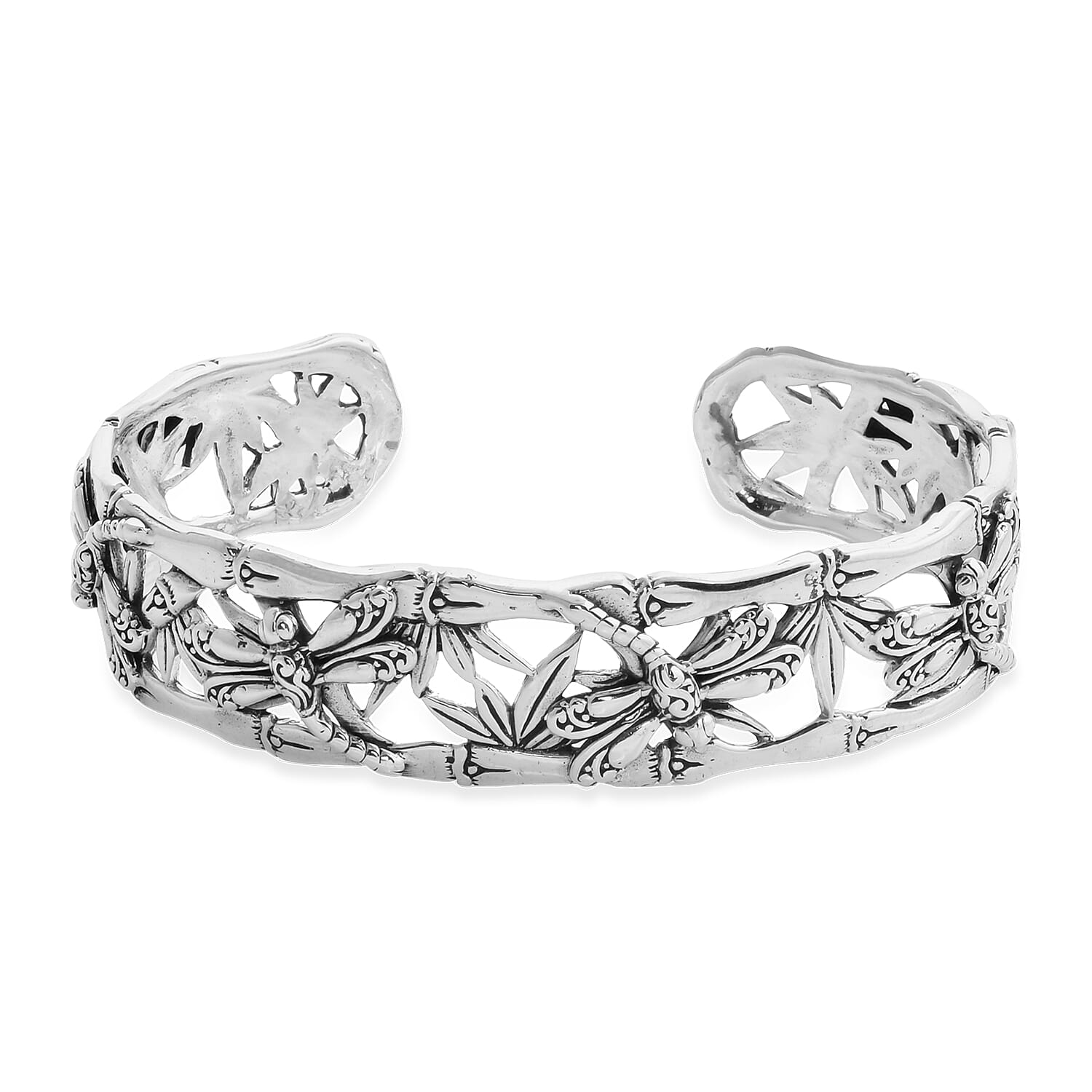 Royal Bali Collection - Sterling Silver Dragonfly Cuff Bangle (Size 7.5), Silver wt 32.38 Gms