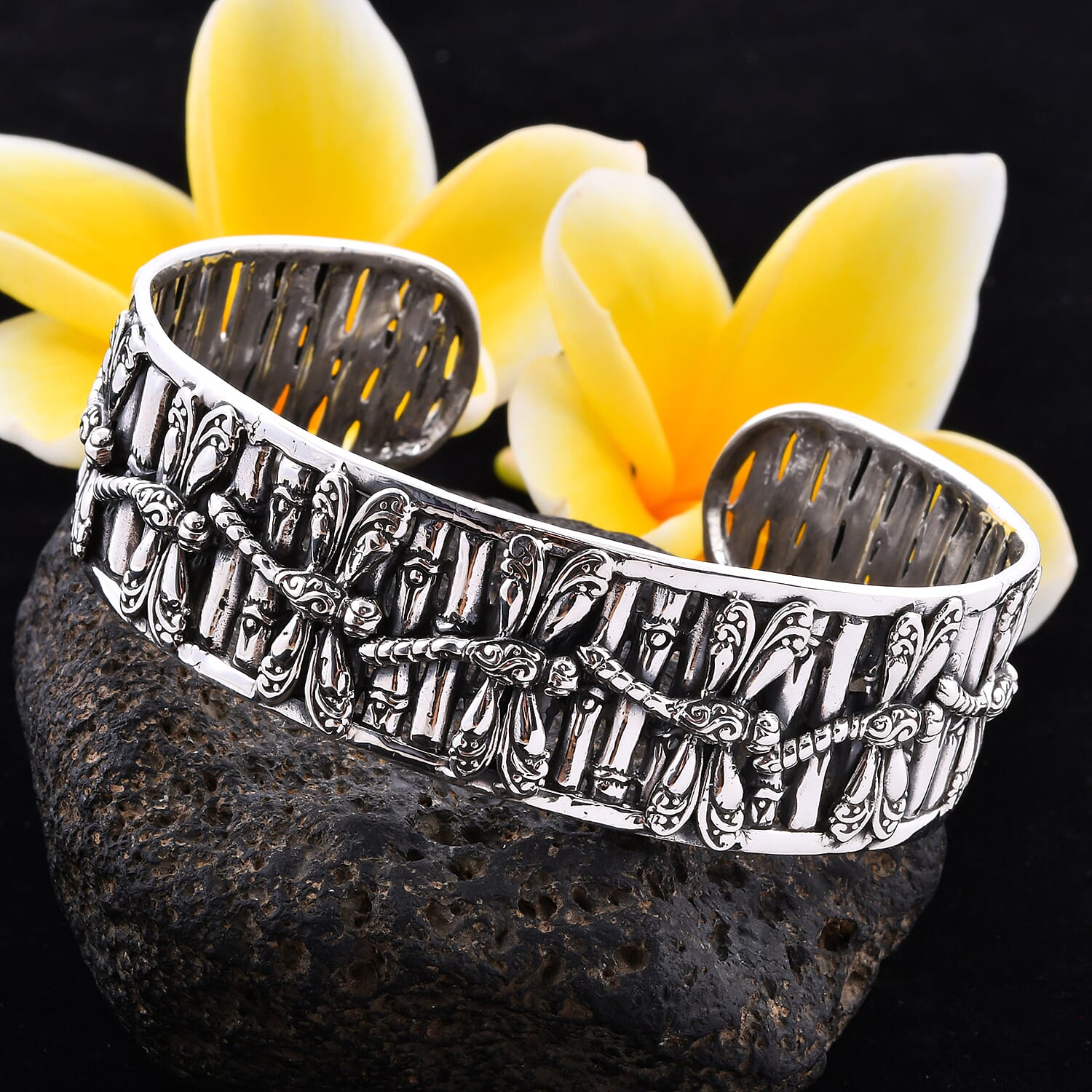 Royal Bali Collection - Sterling Silver Dragonfly Cuff Bangle (Size 7.5), Silver wt 49.00 Gms