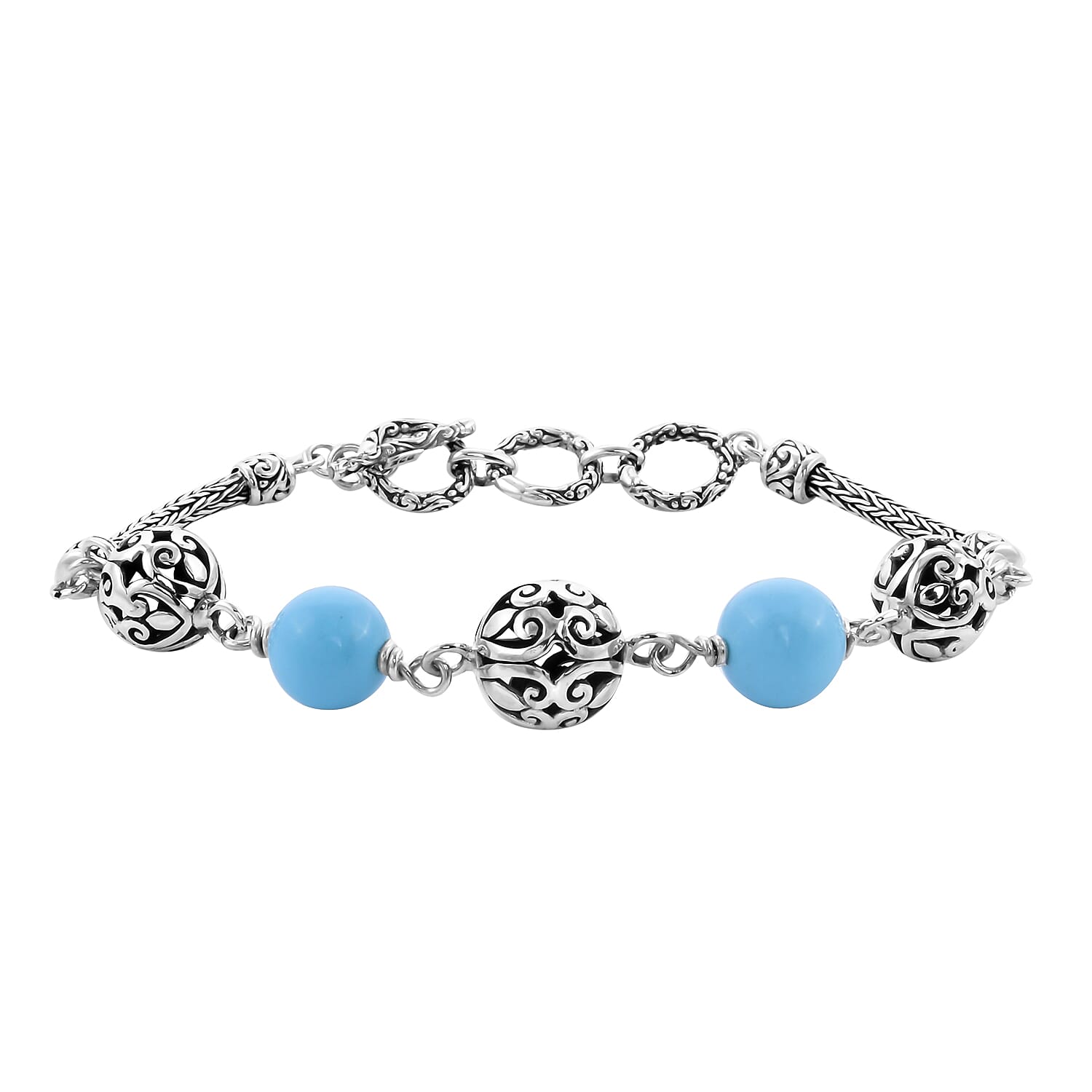 Royal Bali Collection - Arizona Sleeping Beauty Turquoise Beads Bracelet (Size 7.5 with Extender) in Sterling Silver 10.00 Ct, Silver wt 11.82 Gms