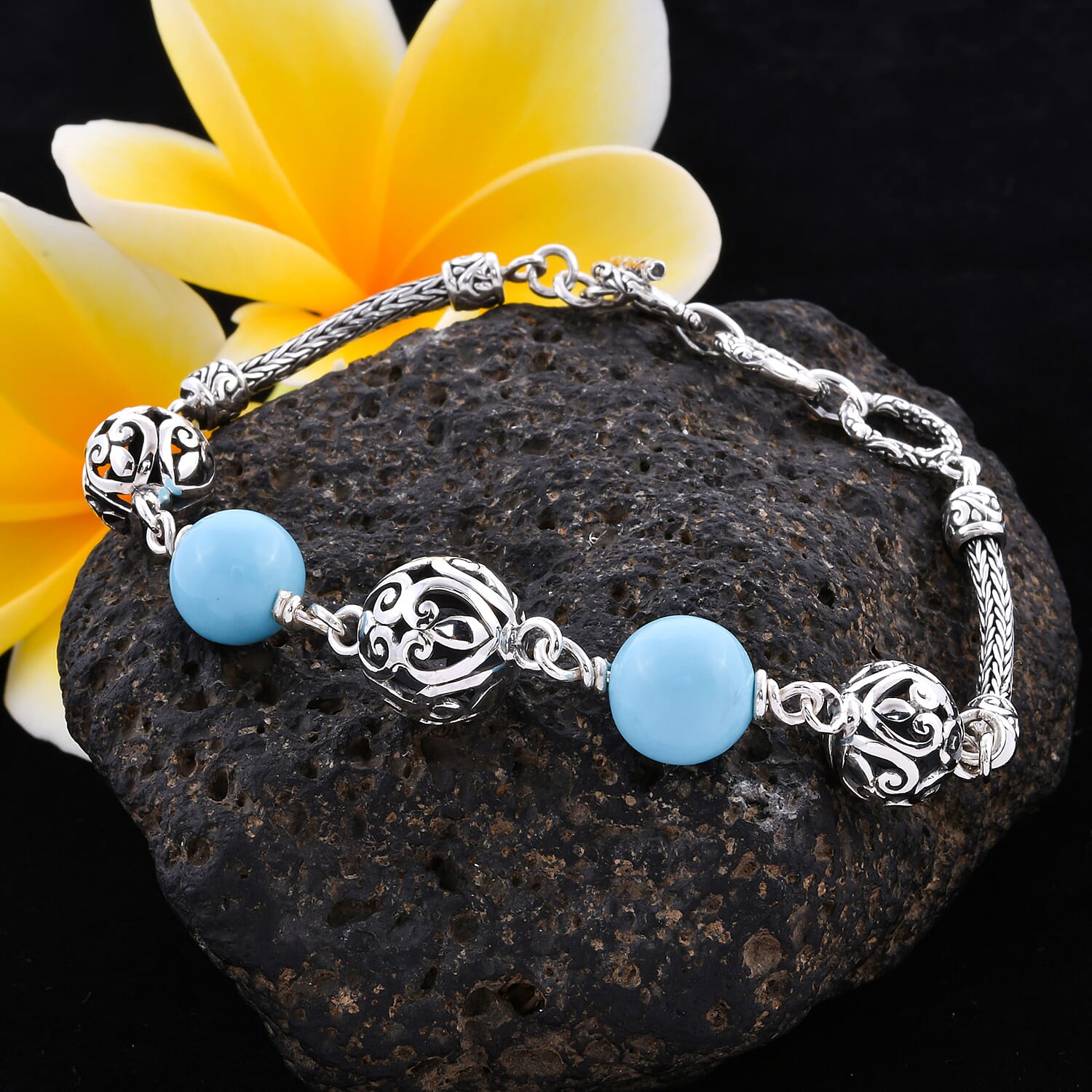 Royal Bali Collection - Arizona Sleeping Beauty Turquoise Beads Bracelet (Size 7.5 with Extender) in Sterling Silver 10.00 Ct, Silver wt 11.82 Gms