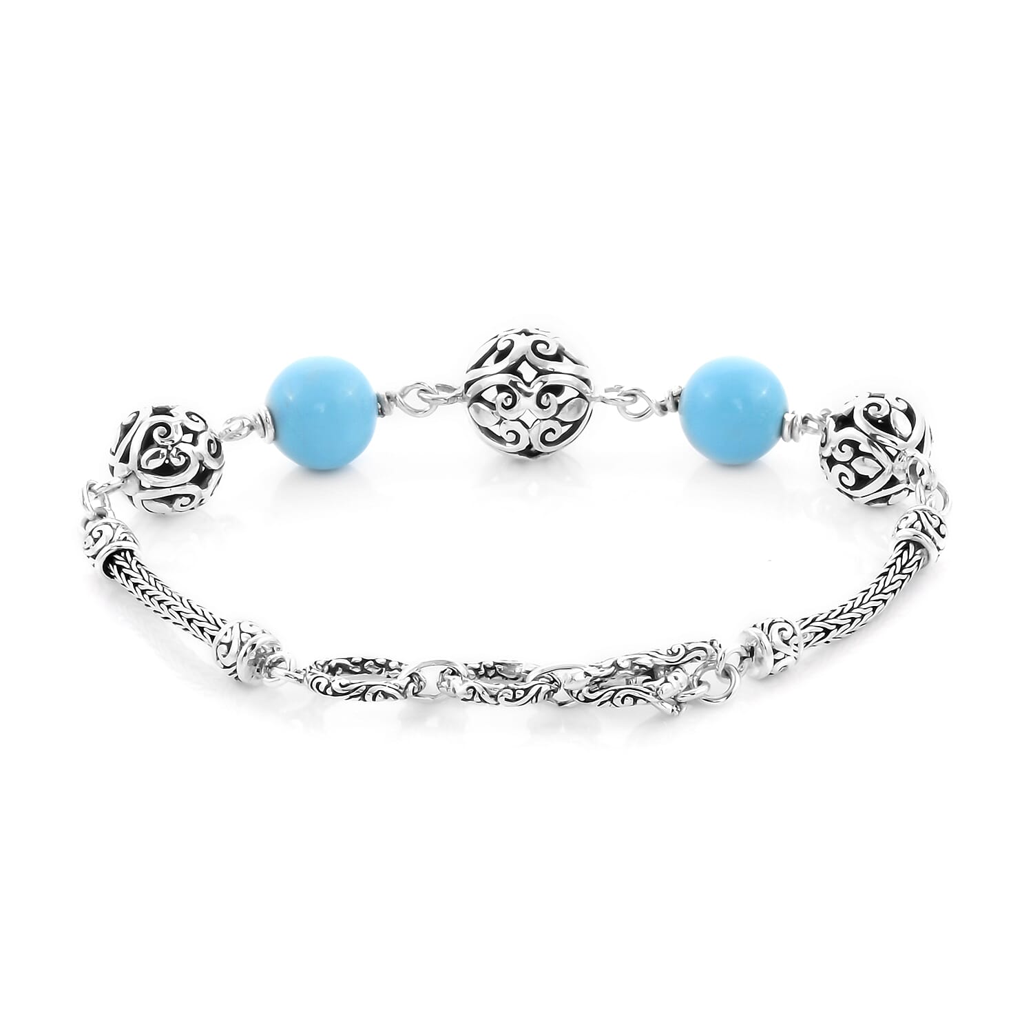 Royal Bali Collection - Arizona Sleeping Beauty Turquoise Beads Bracelet (Size 7.5 with Extender) in Sterling Silver 10.00 Ct, Silver wt 11.82 Gms