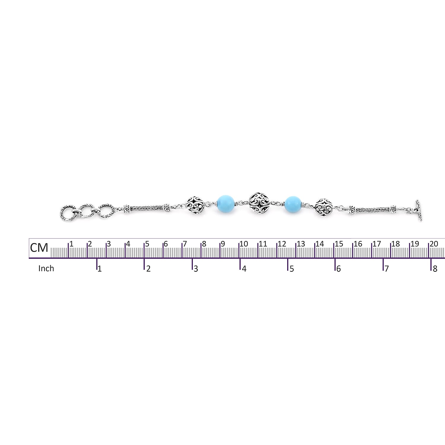 Royal Bali Collection - Arizona Sleeping Beauty Turquoise Beads Bracelet (Size 7.5 with Extender) in Sterling Silver 10.00 Ct, Silver wt 11.82 Gms