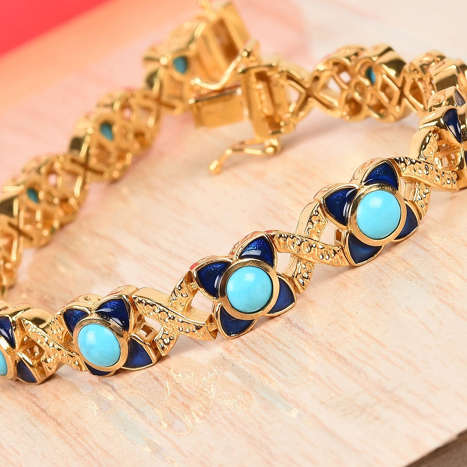 AA Arizona Sleeping Beauty Turquoise Enamelled Bracelet (Size 7) in 14K Gold Overlay Sterling Silver 6.00 Ct, Silver wt 23.57 Gms
