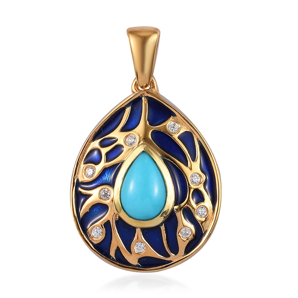 Arizona Sleeping Beauty Turquoise and Natural Cambodian Zircon Enamelled Pendant in 14K Gold Overlay Sterling Silver 1.25 Ct.