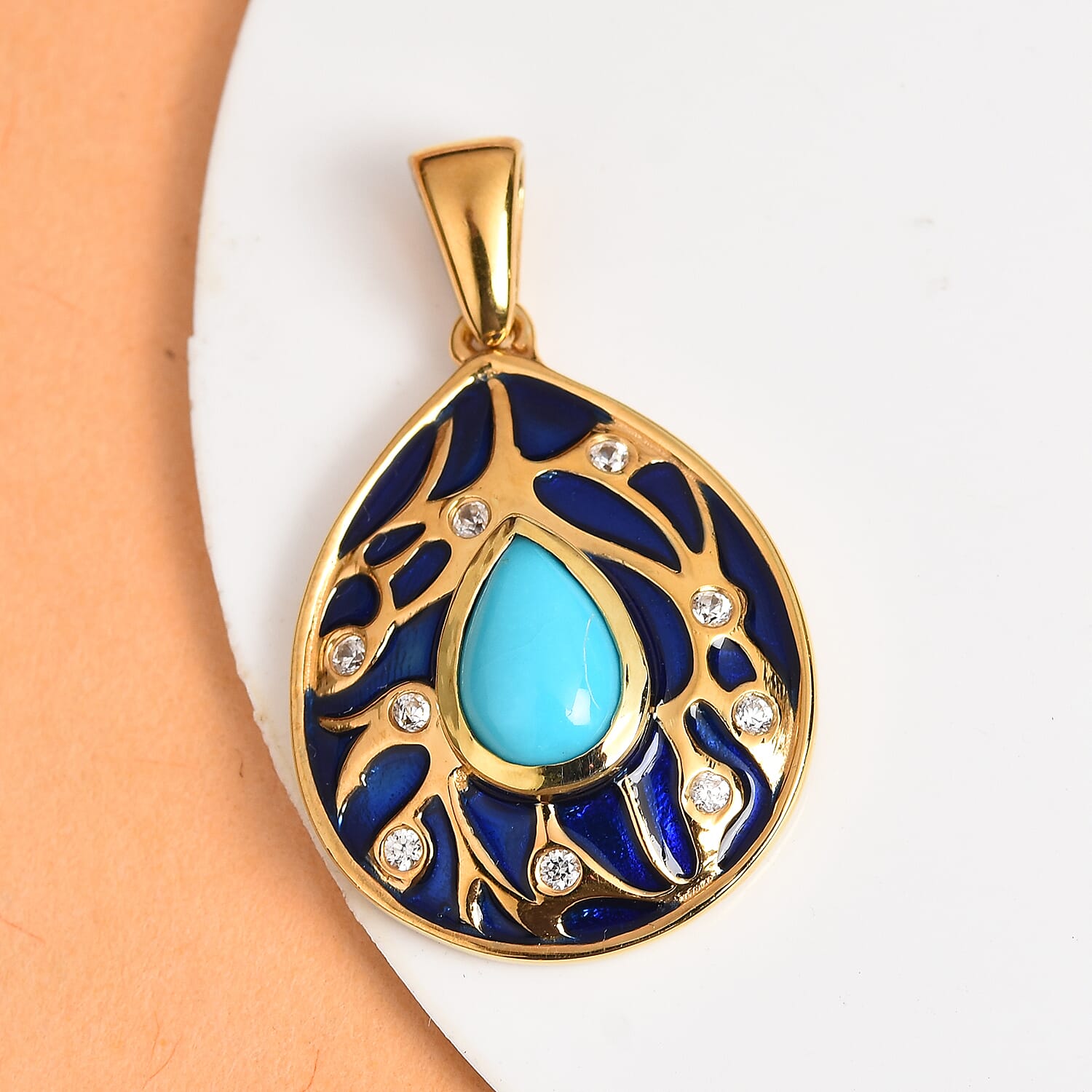 Arizona Sleeping Beauty Turquoise and Natural Cambodian Zircon Enamelled Pendant in 14K Gold Overlay Sterling Silver 1.25 Ct.