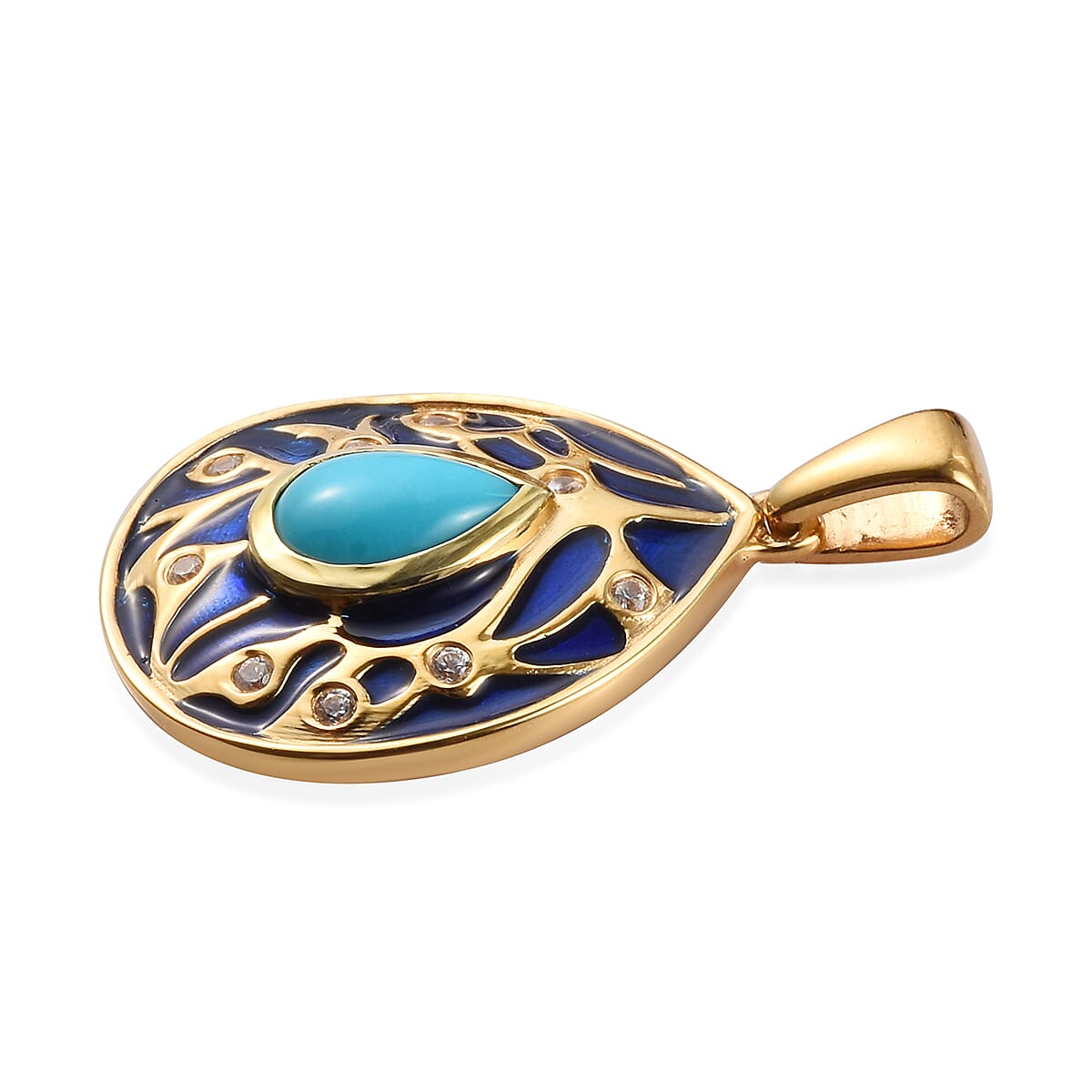 Arizona Sleeping Beauty Turquoise and Natural Cambodian Zircon Enamelled Pendant in 14K Gold Overlay Sterling Silver 1.25 Ct.