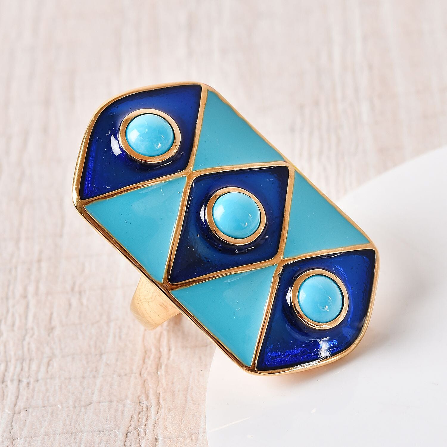 AA Arizona Sleeping Beauty Turquoise Enamelled Gladiator Ring in 14K Gold Overlay Sterling Silver 1.50 Ct, Silver wt 9.50 Gms