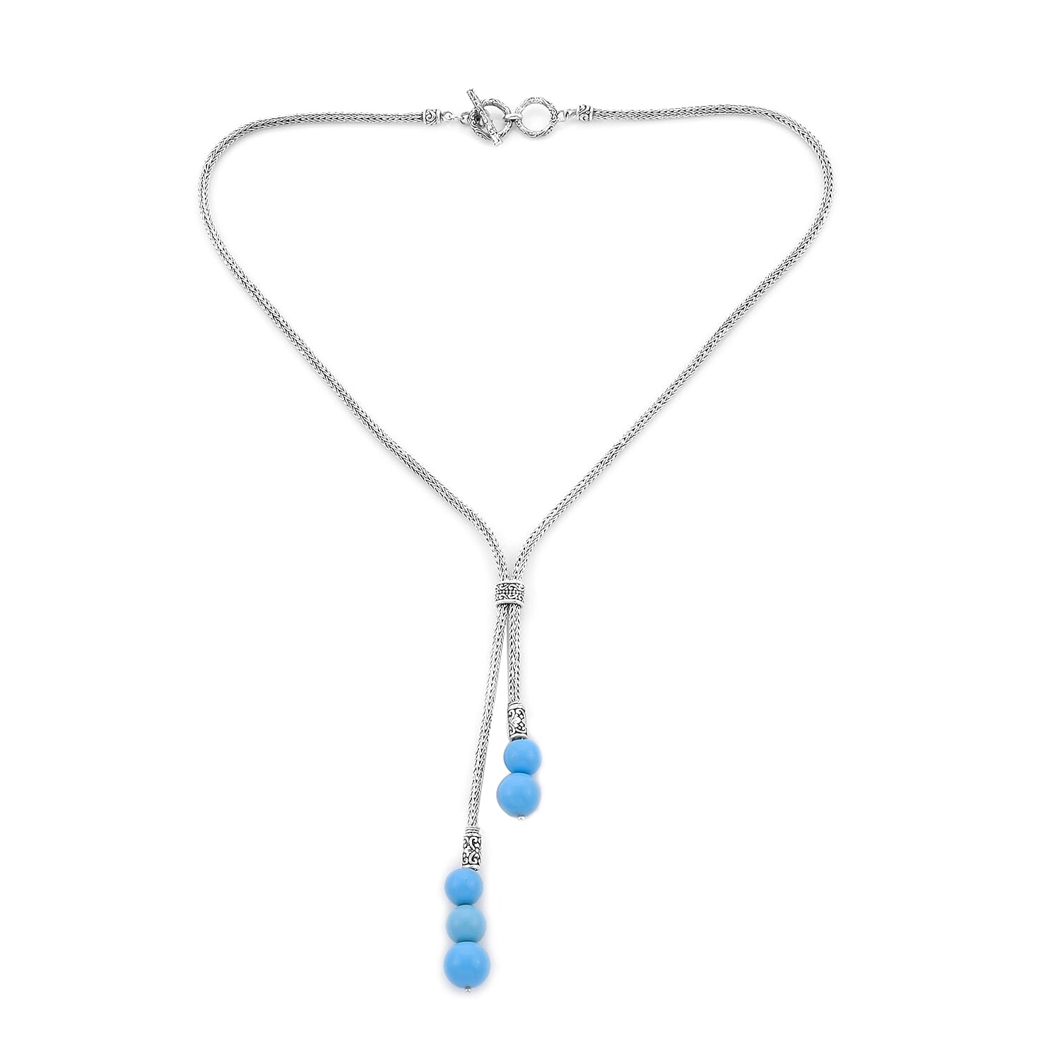 Royal Bali Collection - Arizona Sleeping Beauty Turquoise Adjustable Lariat Necklace (Size 22) in Sterling Silver 32.50 Ct, Silver wt 24.30 Gms
