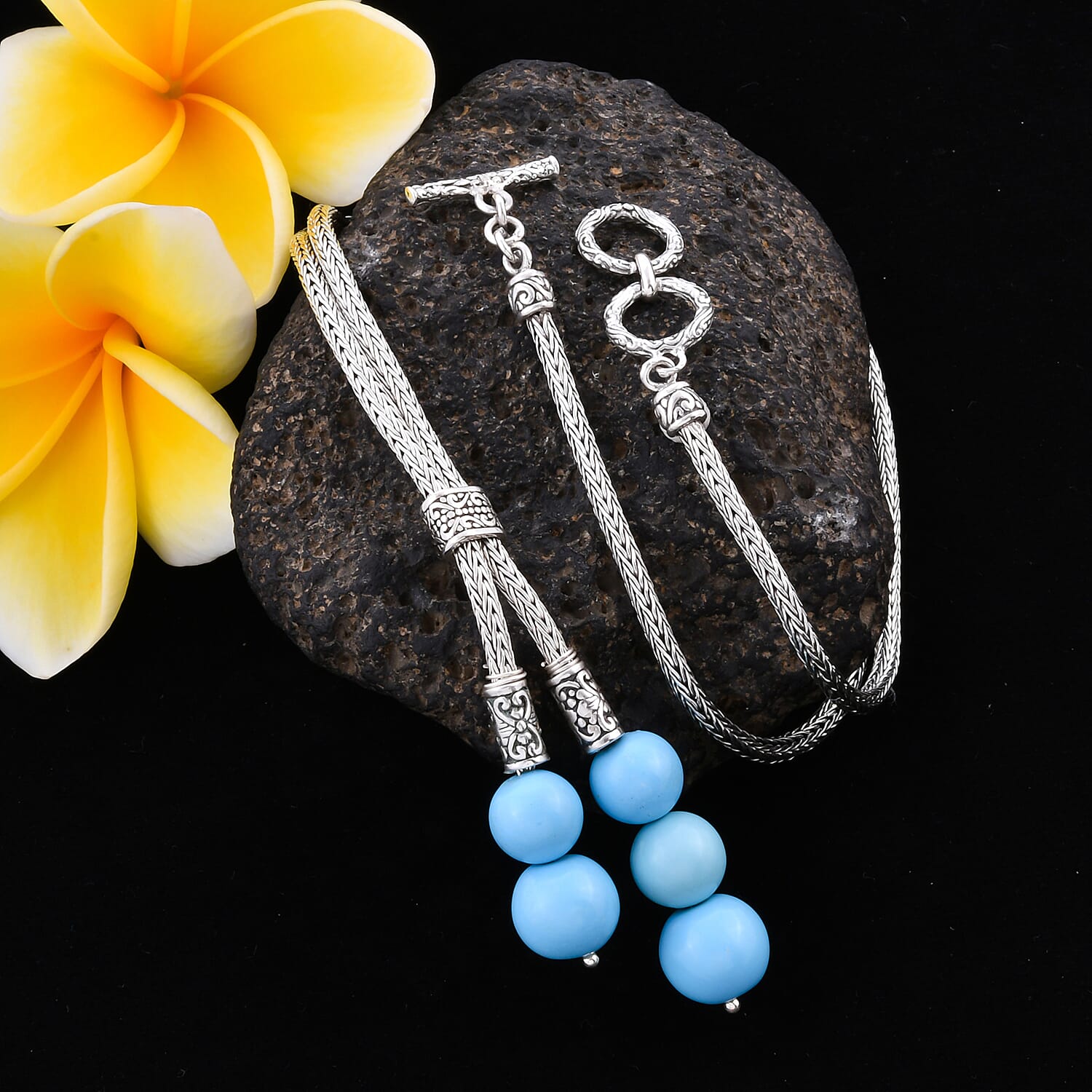 Royal Bali Collection - Arizona Sleeping Beauty Turquoise Adjustable Lariat Necklace (Size 22) in Sterling Silver 32.50 Ct, Silver wt 24.30 Gms