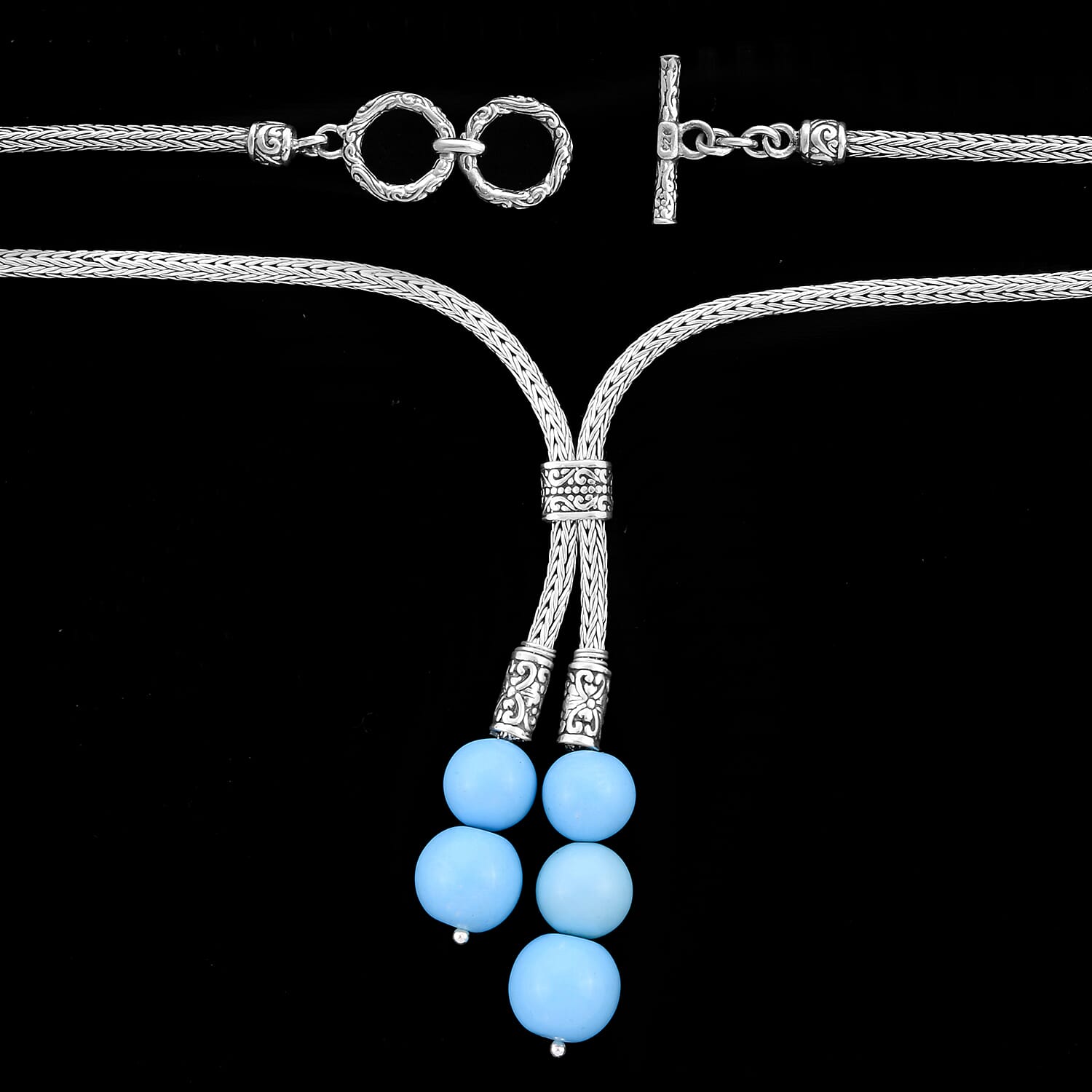 Royal Bali Collection - Arizona Sleeping Beauty Turquoise Adjustable Lariat Necklace (Size 22) in Sterling Silver 32.50 Ct, Silver wt 24.30 Gms