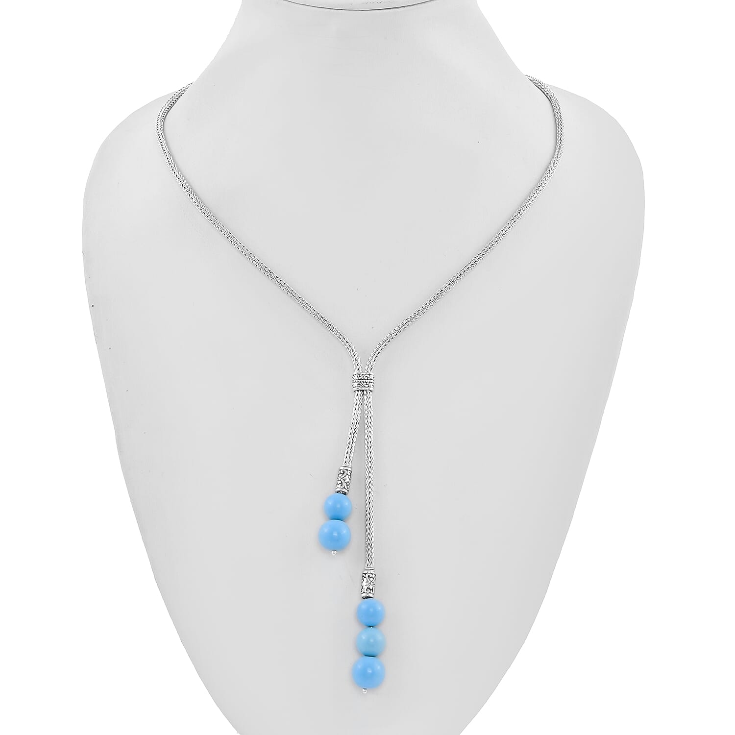 Royal Bali Collection - Arizona Sleeping Beauty Turquoise Adjustable Lariat Necklace (Size 22) in Sterling Silver 32.50 Ct, Silver wt 24.30 Gms