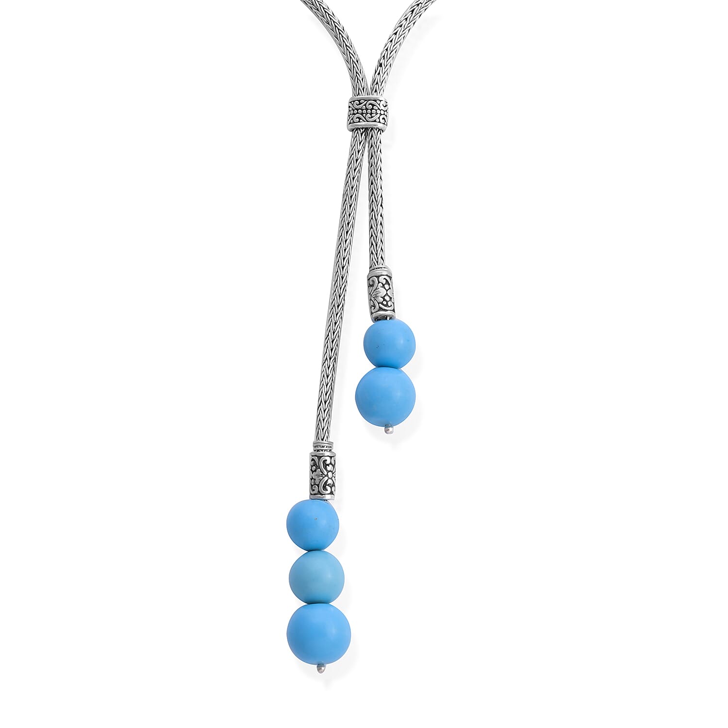 Royal Bali Collection - Arizona Sleeping Beauty Turquoise Adjustable Lariat Necklace (Size 22) in Sterling Silver 32.50 Ct, Silver wt 24.30 Gms