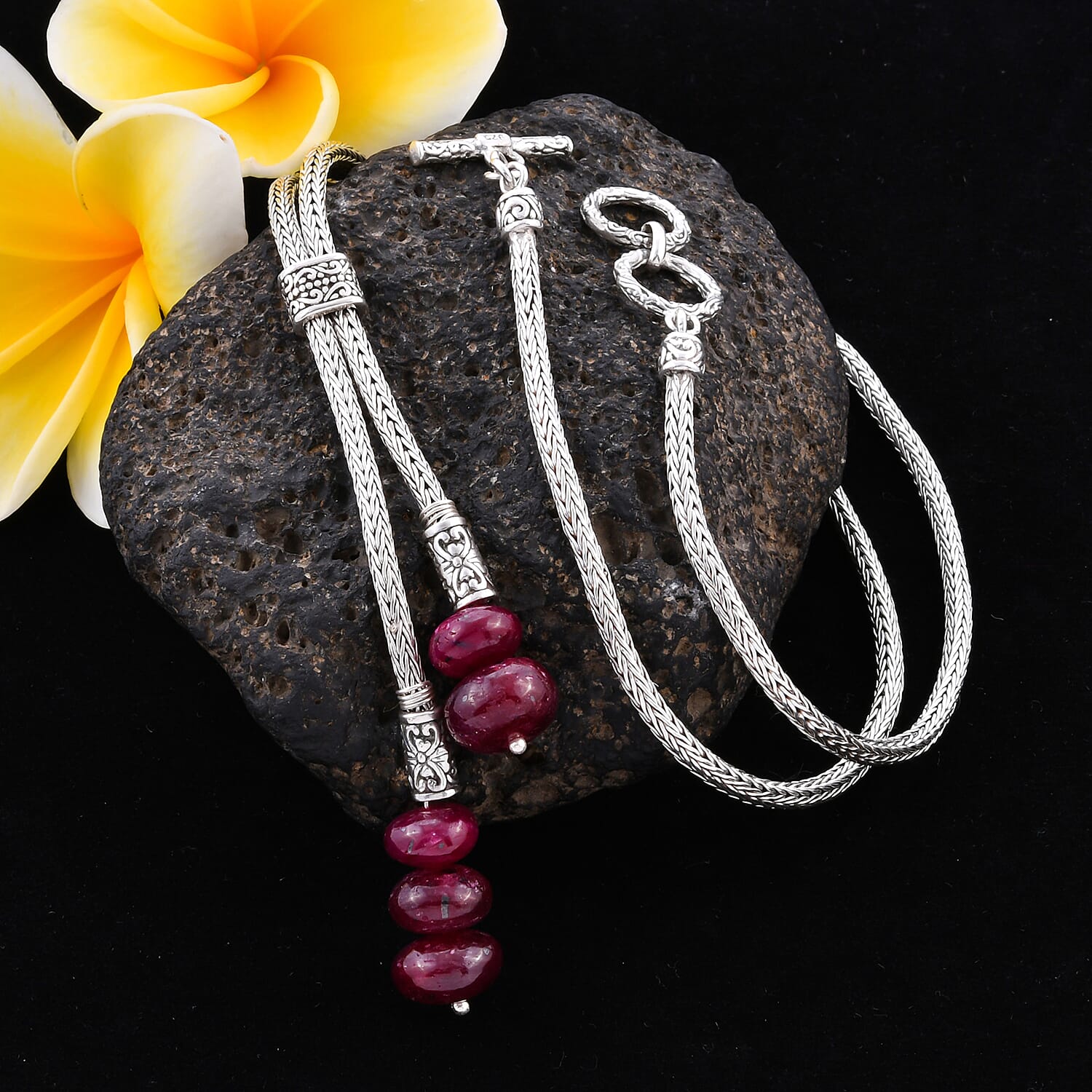 African Ruby (FF) Adjustable Lariat Necklace (Size 22) in Sterling Silver 32.50 Ct, Silver wt 24.50 Gms