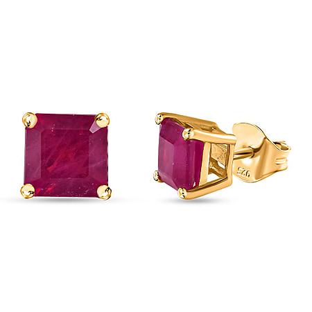 3 Ct African Ruby Solitaire Stud Earrings in Gold Plated Sterling Silver